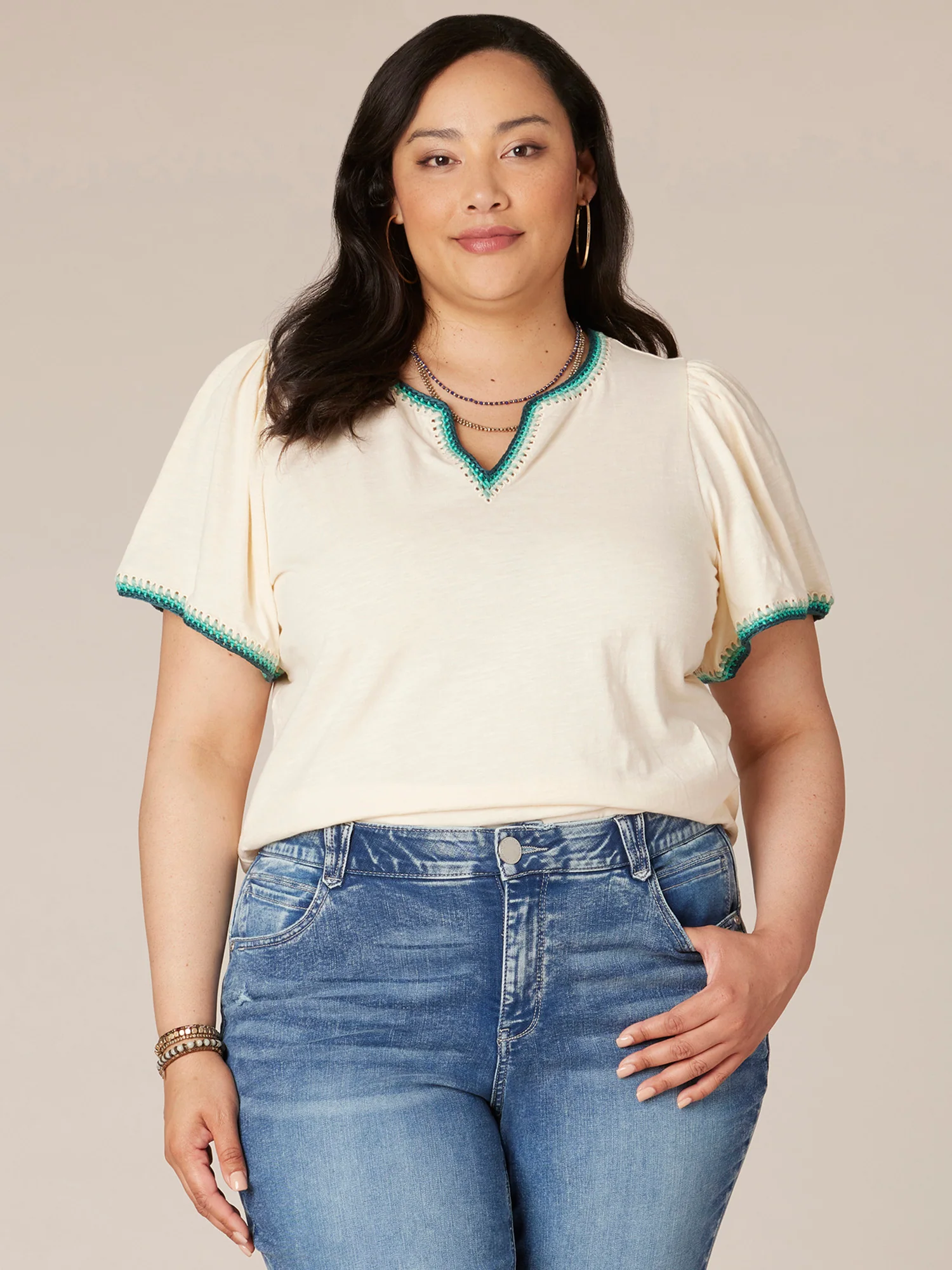 Short Bell Sleeve Crochet Trim V-Neck Plus Size Knit Top - Legahigh