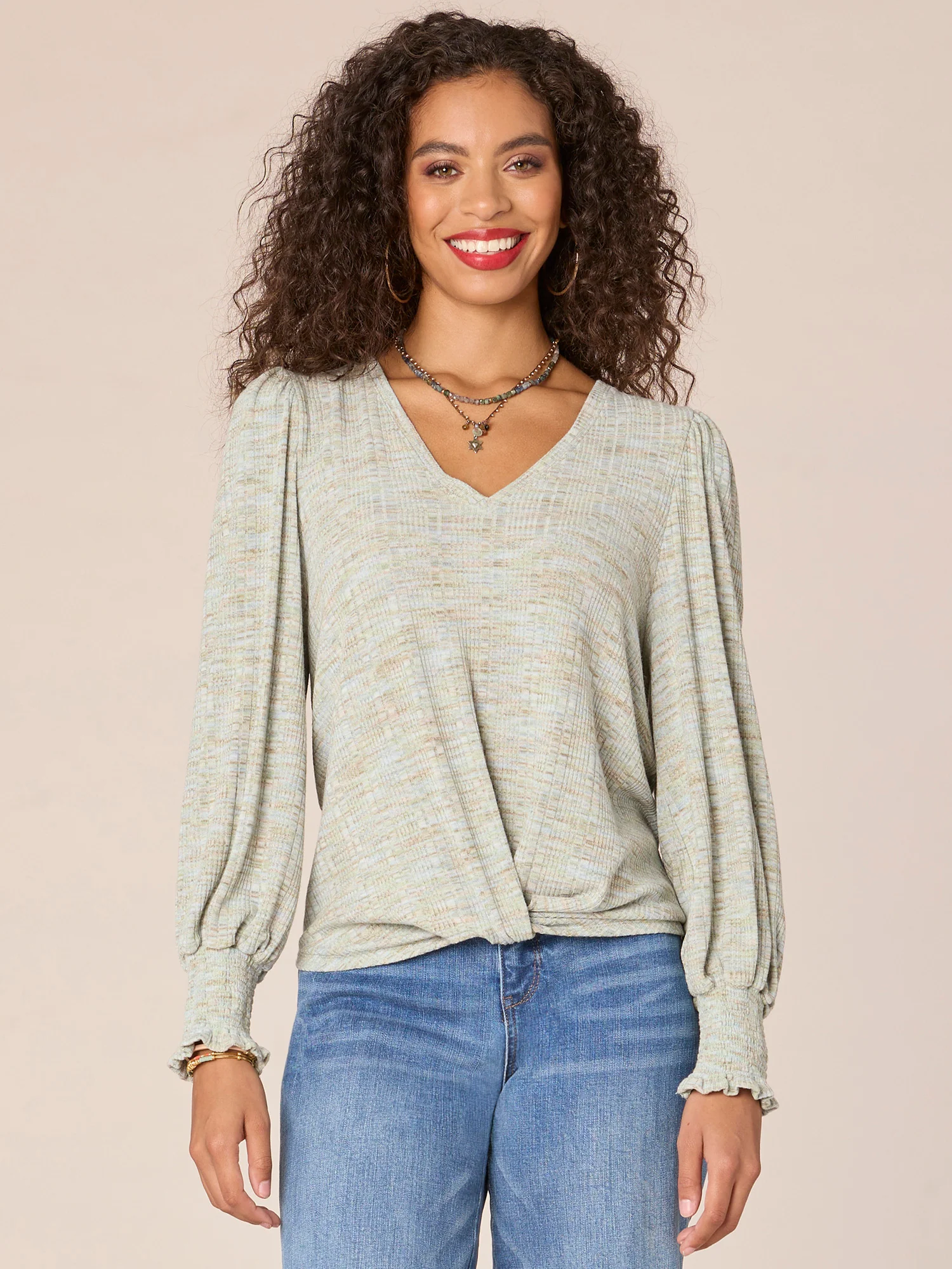 Long Smocked Blouson Sleeve V-Neck Twist Hem Knit Top - Legahigh