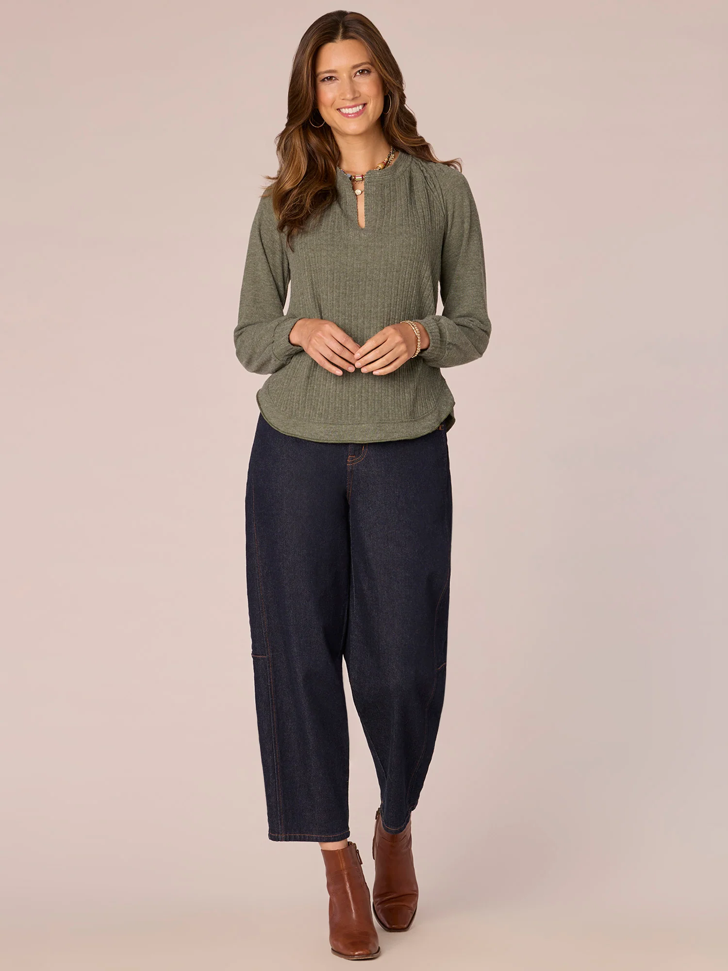 Long Blouson Sleeve Mandarin Collar V-Placket Petite Knit Top - Legahigh