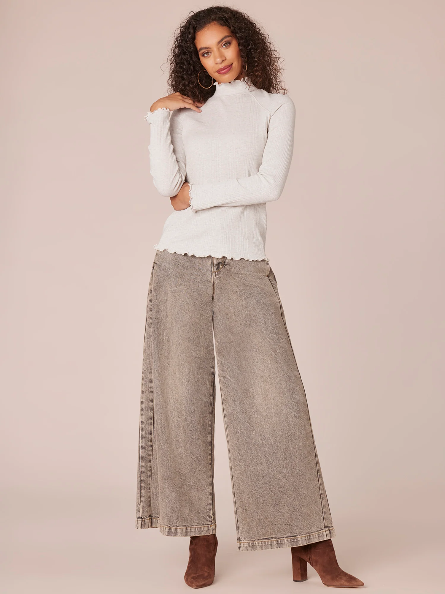 Long Raglan Sleeve Mock Neck Mixed Media Lettuce Edge Knit Top - Legahigh