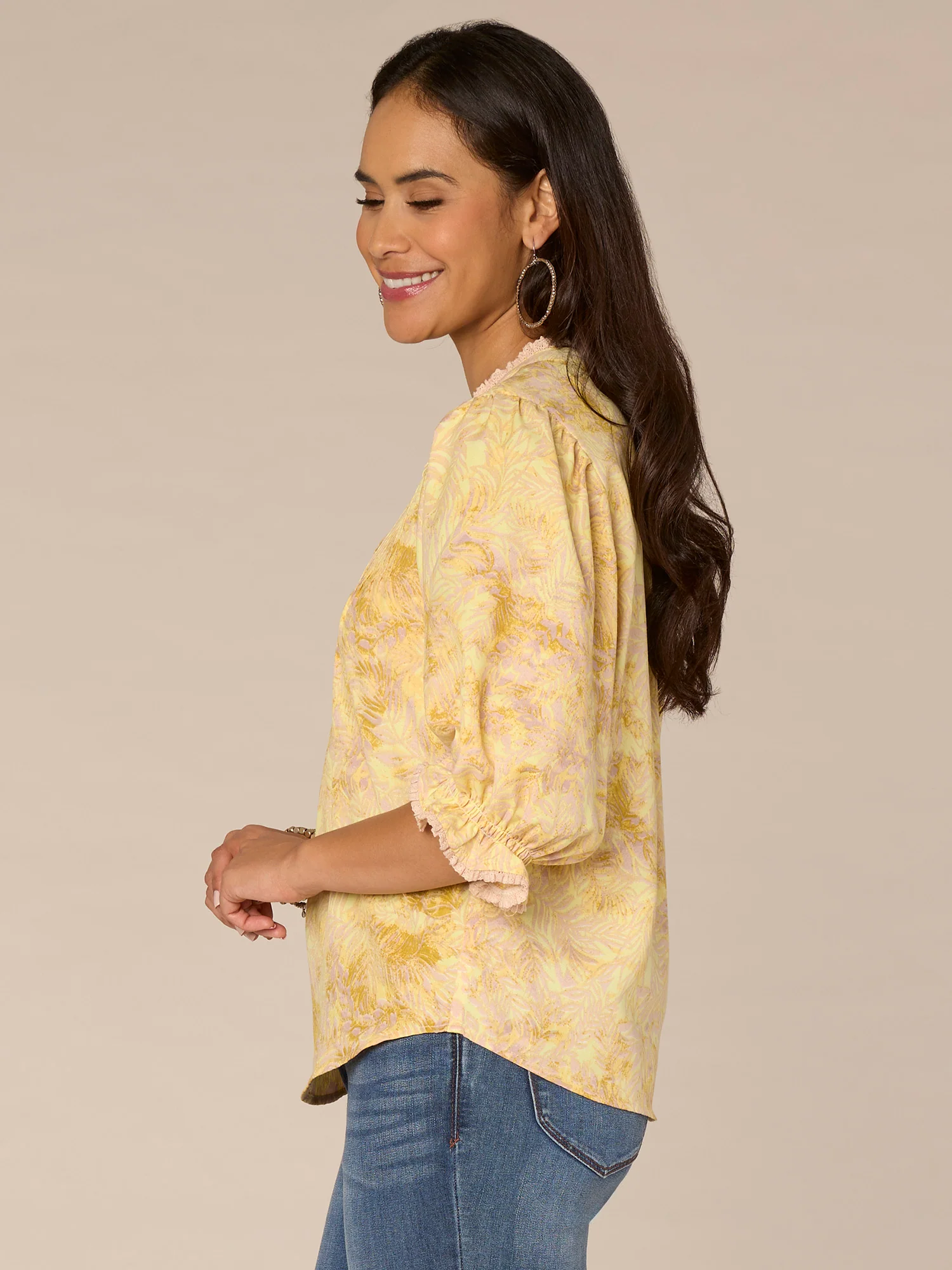 Elbow Lantern Sleeve Stand Collar Button Placket Leaf Print Woven Top - Legahigh