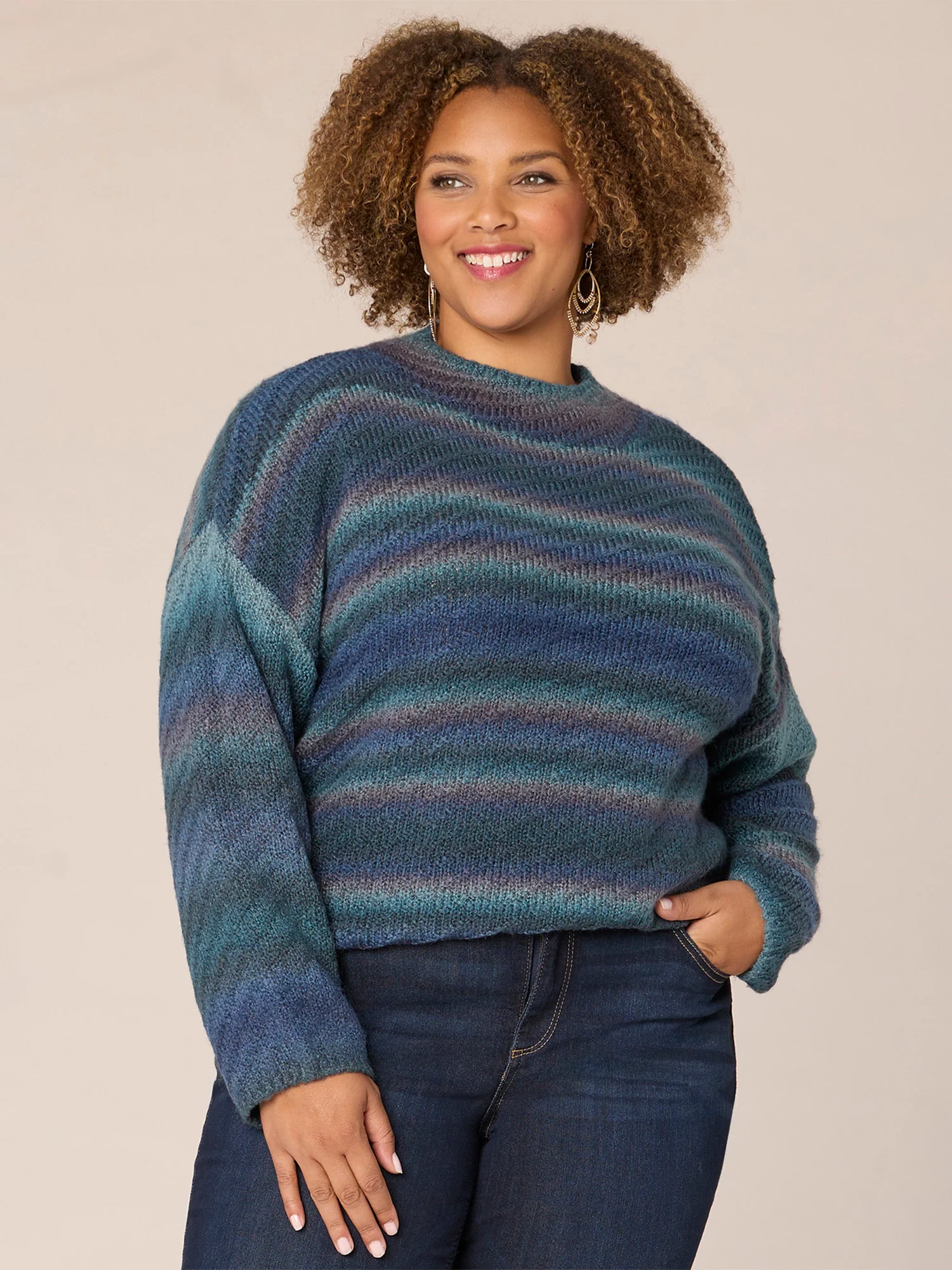 Drop Shoulder Sleeve Funnel Neck Striped Plus Size Sweater - Legahigh