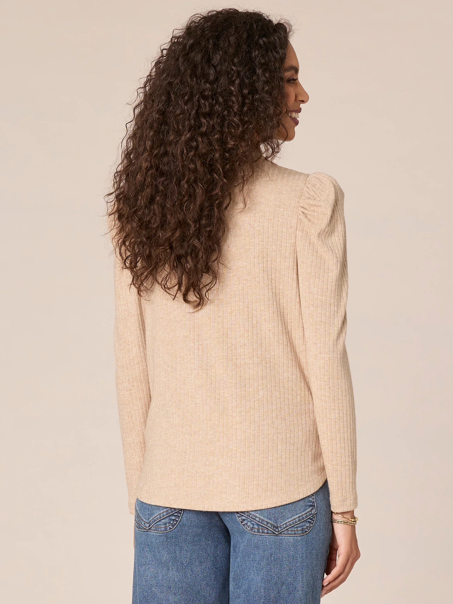 Long Puff Shoulder Sleeve V-Neck Surplus Shirttail Hem Knit Top - Legahigh