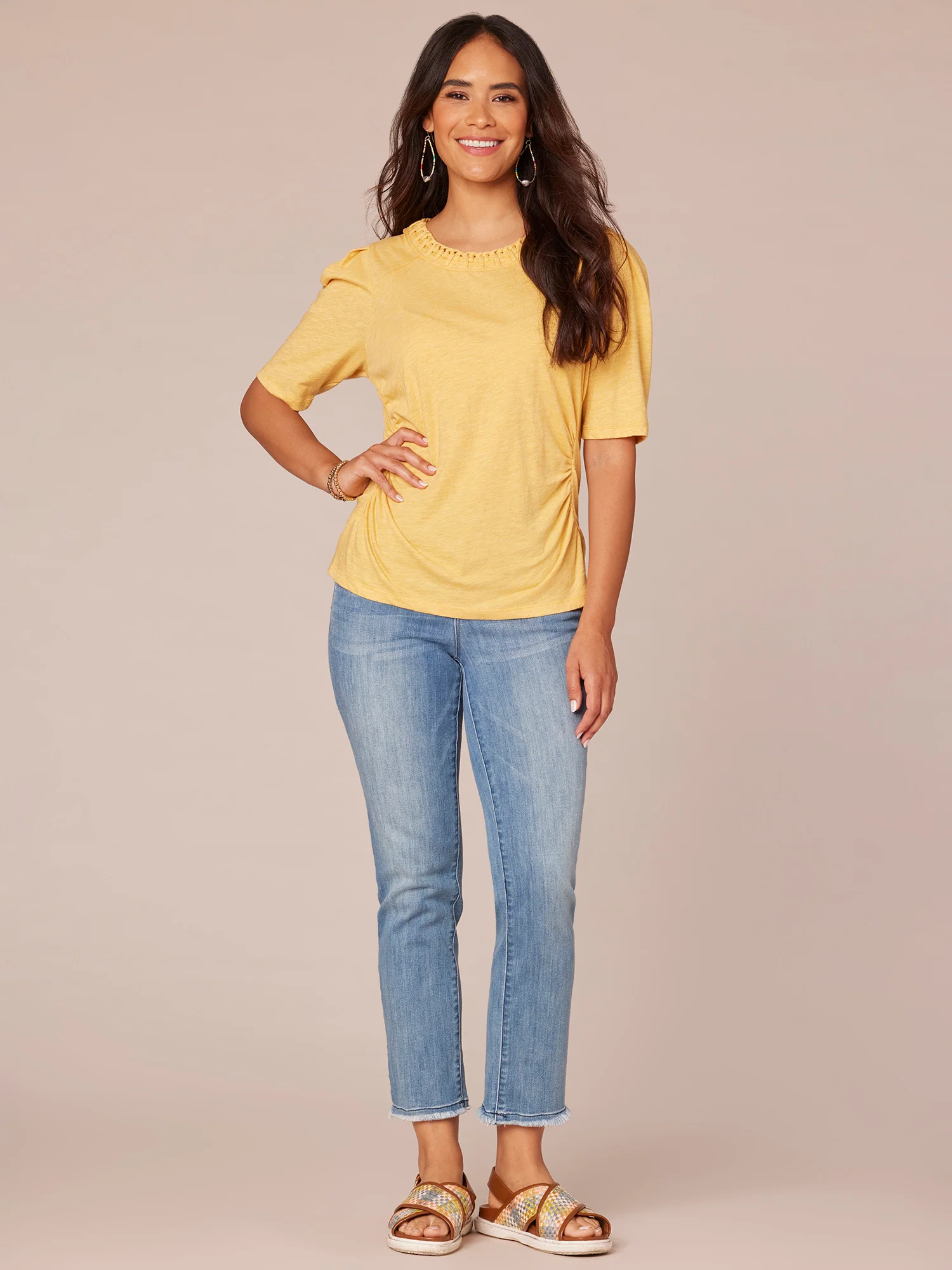 Pleated Elbow Sleeve Scoop Neck Knit Top with Soutache Detail - Legahigh