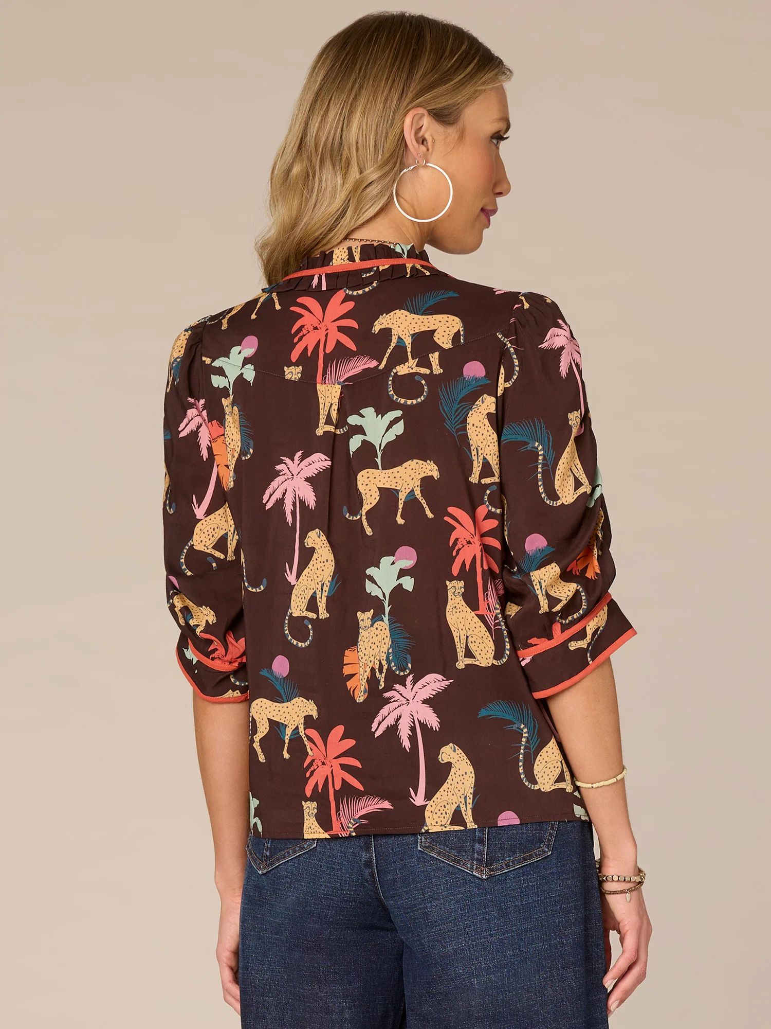 Below Elbow Sleeve Ruffle Split Neck Printed Woven Top - Legahigh