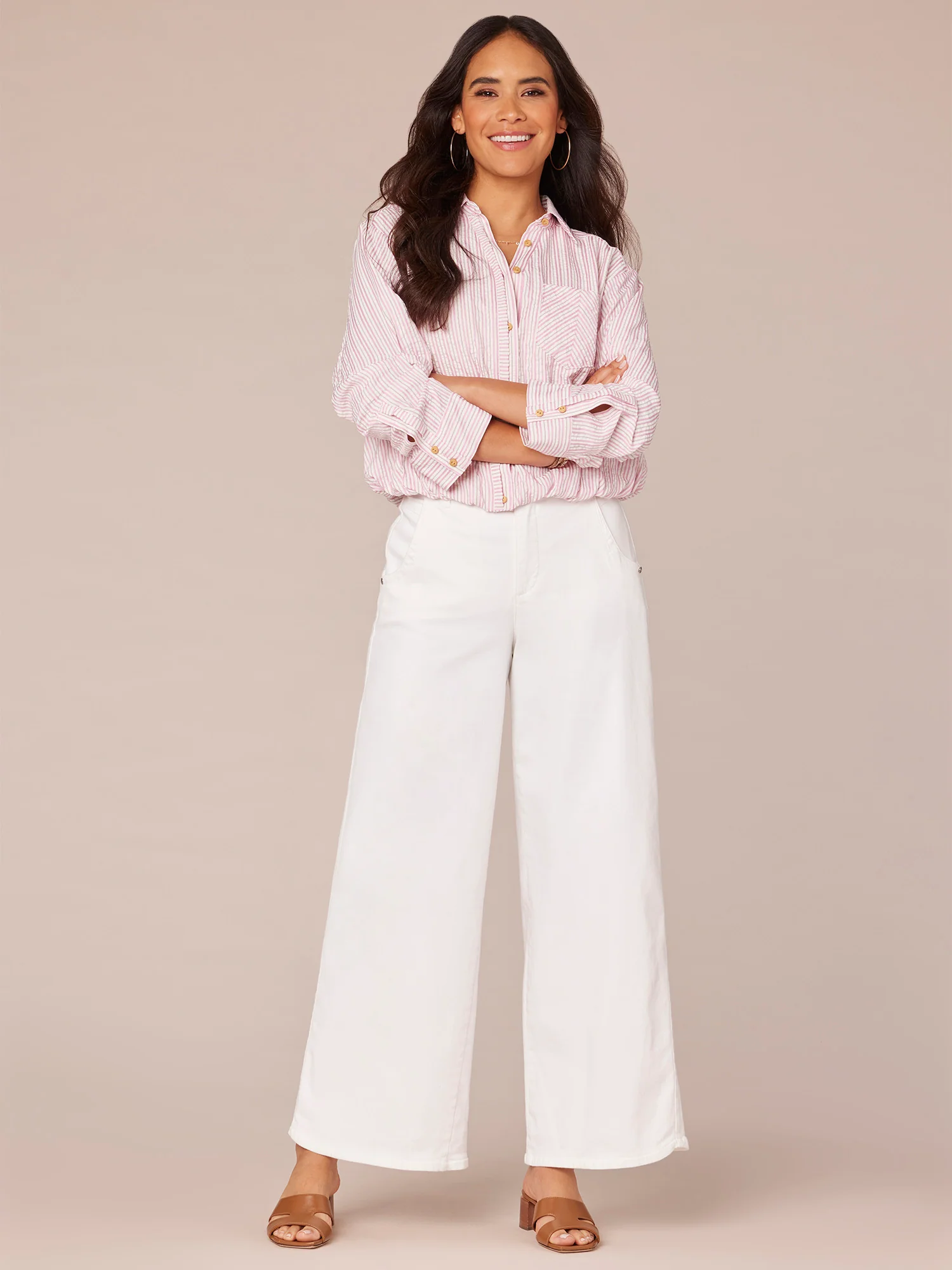 Three Quarter Tucked Sleeve Button Down Spliced Stripe Woven Shirt - Legahigh