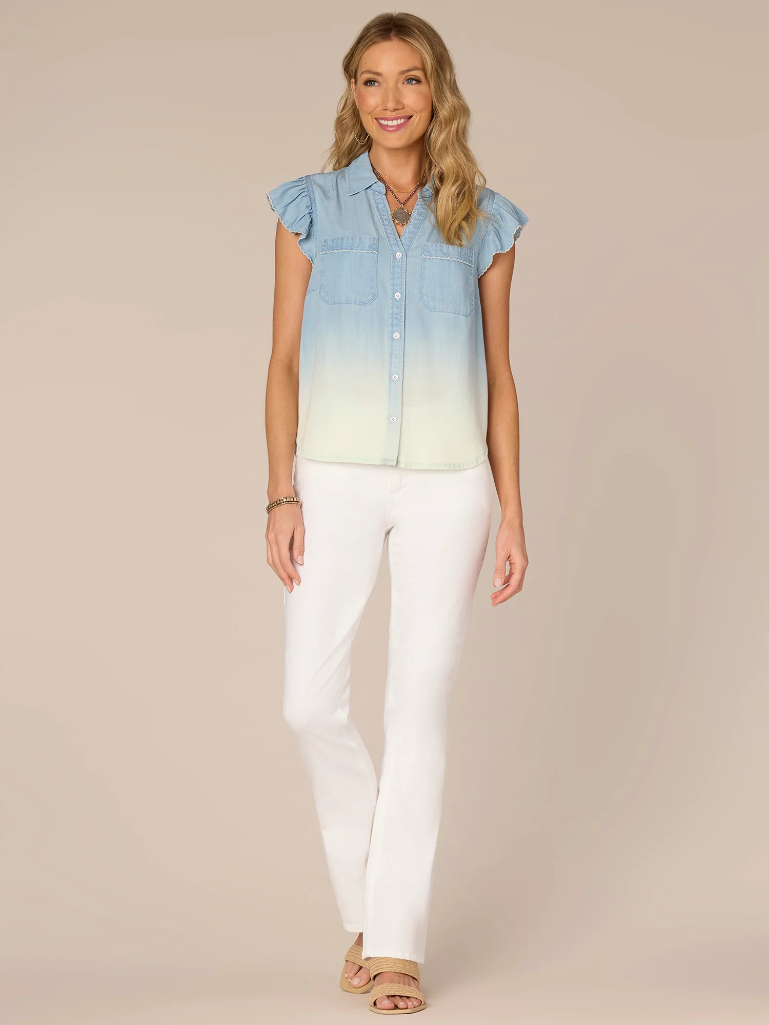 Scallop Edge Flutter Sleeve Collared Petite Woven Shirt with Pocket - Legahigh