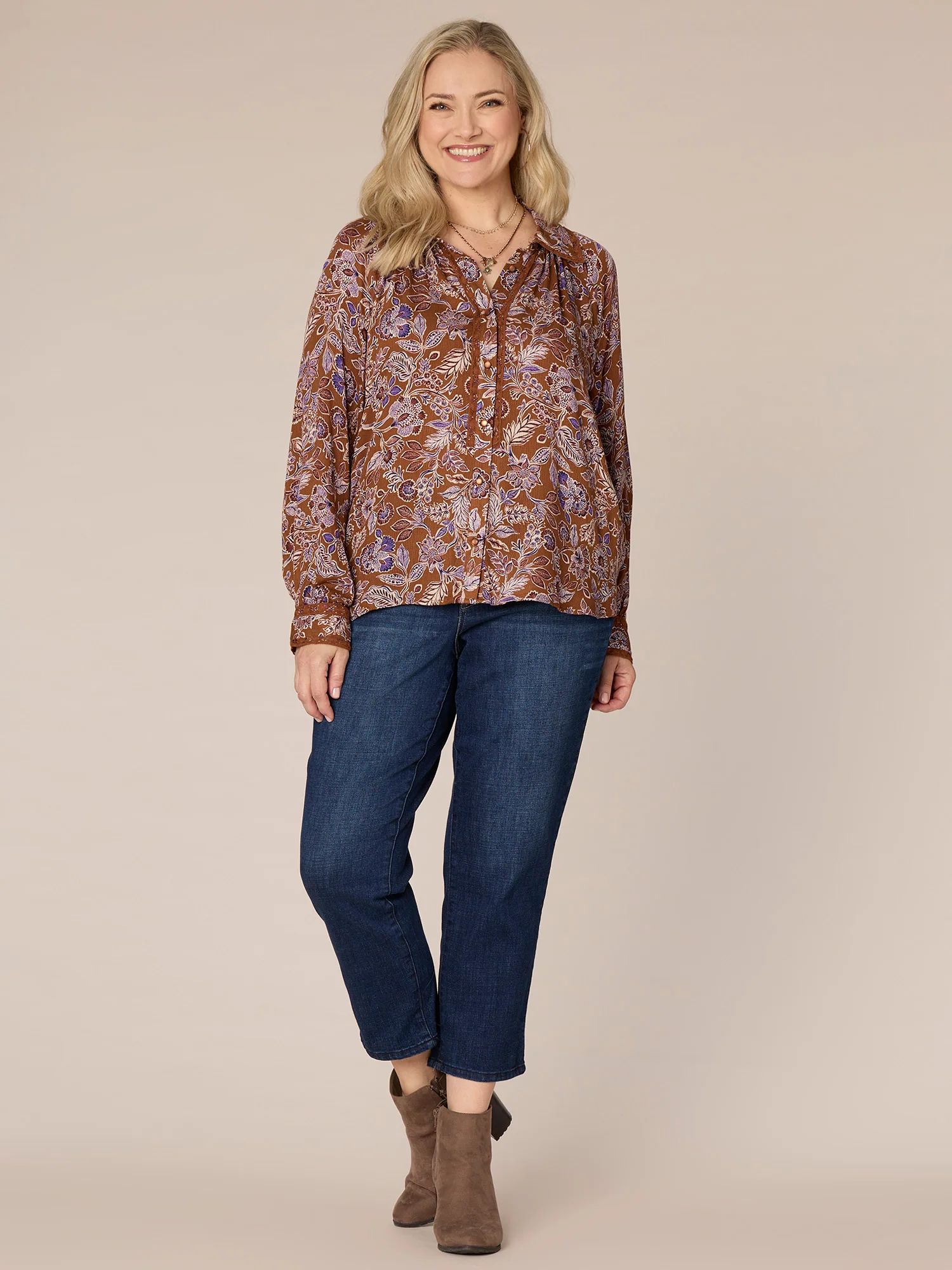 Long Sleeve Collared Crochet Placket Printed Plus Size Woven Shirt - Legahigh