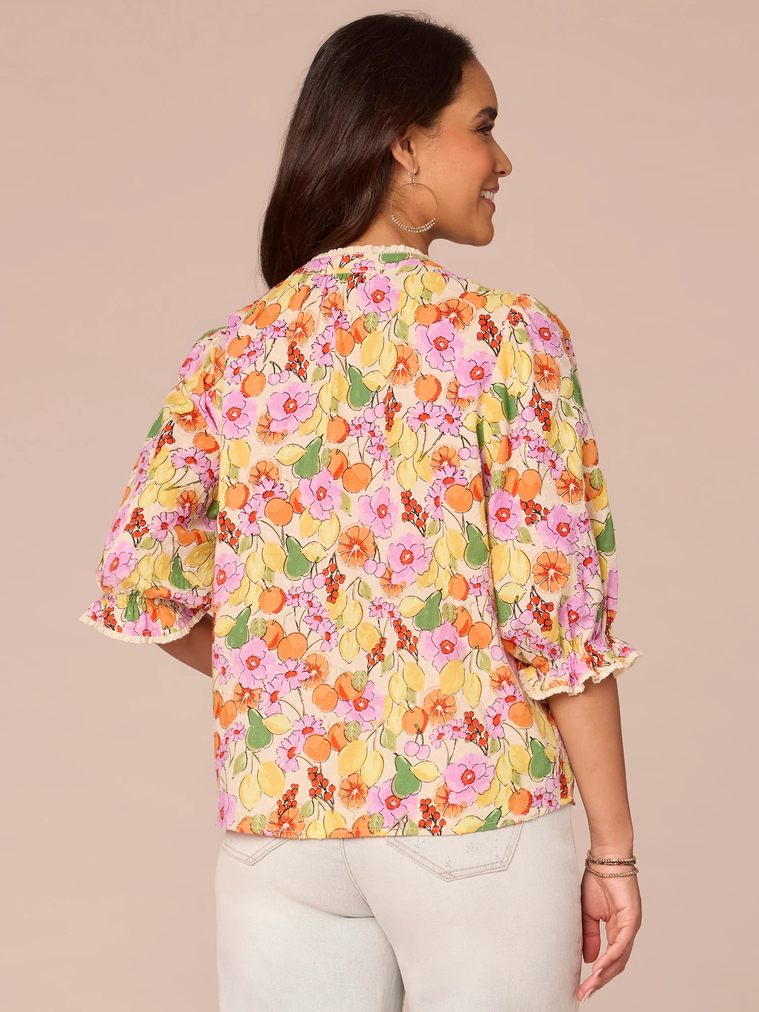 Lantern Sleeve Stand Collar Half Button Placket Printed Woven Top - Legahigh