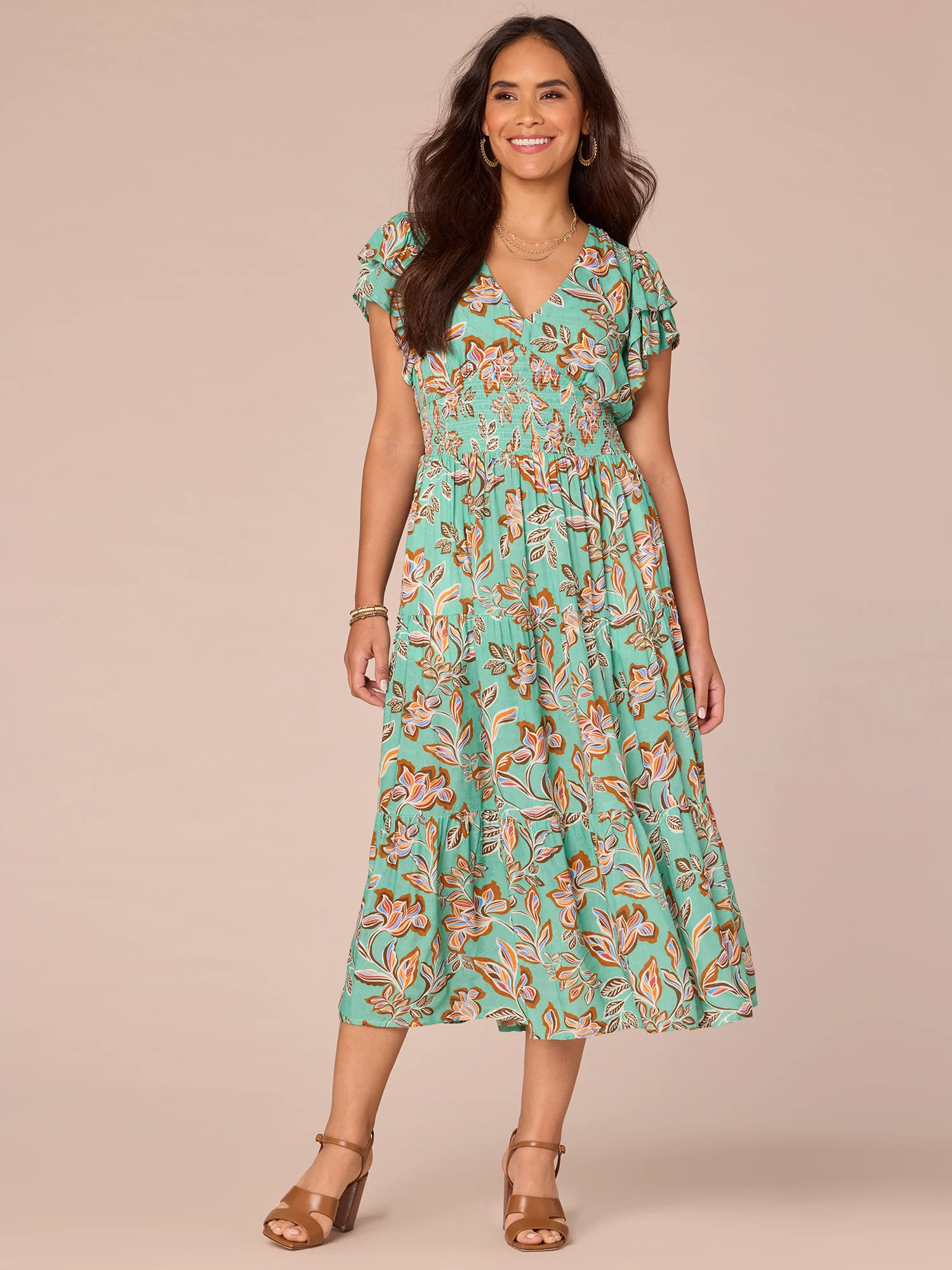 Double Flutter Sleeve V-Neck Smocked Waist Tiered Printed Woven Dress - Legahigh