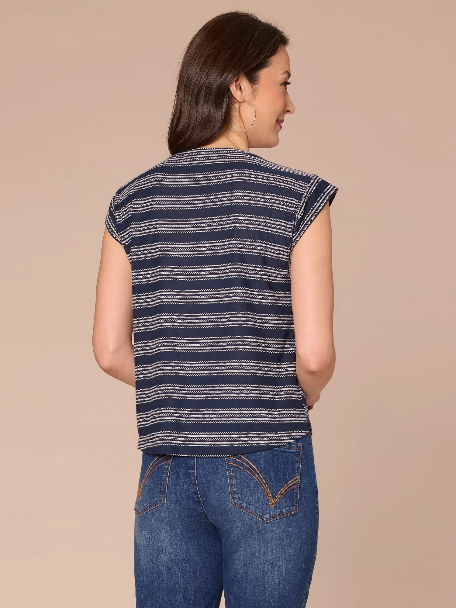 Cap Sleeve Scoop Neck Embroidered Stripe Knit Top - Legahigh