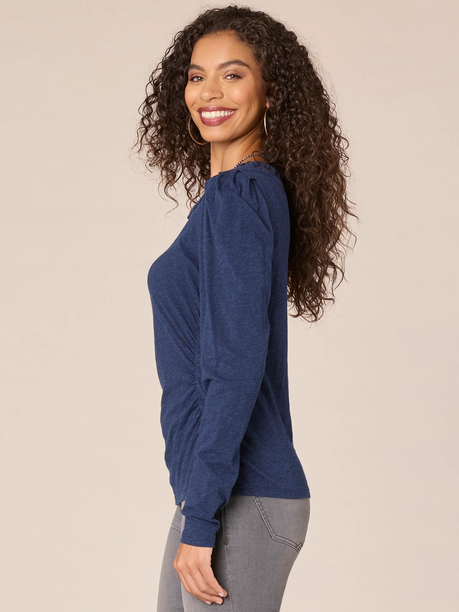 Long Sleeve Soutache Embroidered Neck Ruched Petite Knit Top - Legahigh