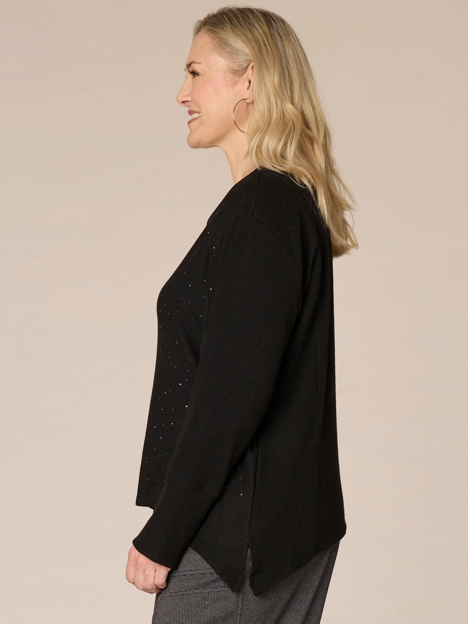 Long Sleeve Scoop Neck Mixed Media Plus Size Knit Top with Rhinestones - Legahigh