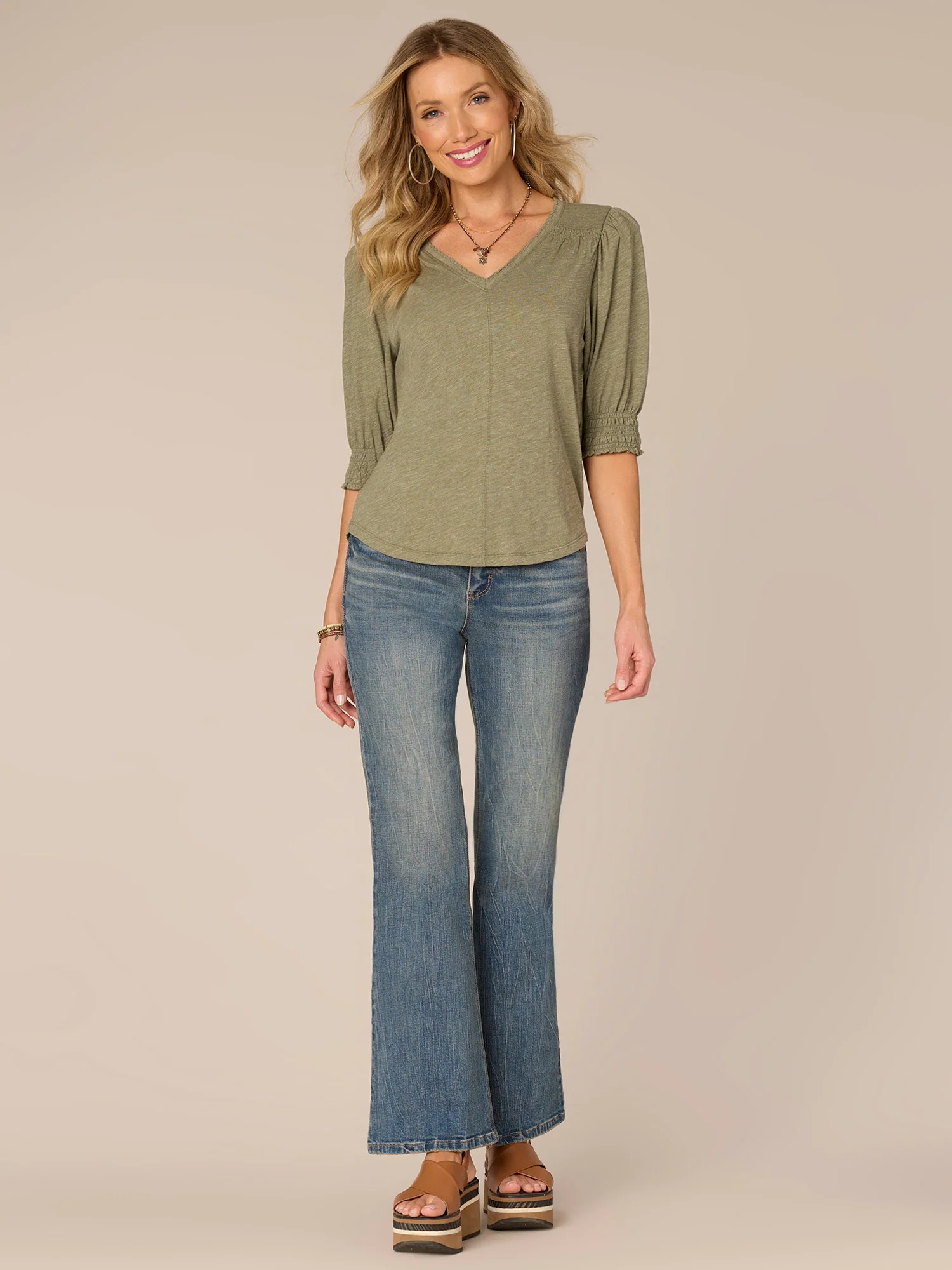 Elbow Blouson Sleeve Scallop V-Neck Knit Top with Smocking Detail - Legahigh