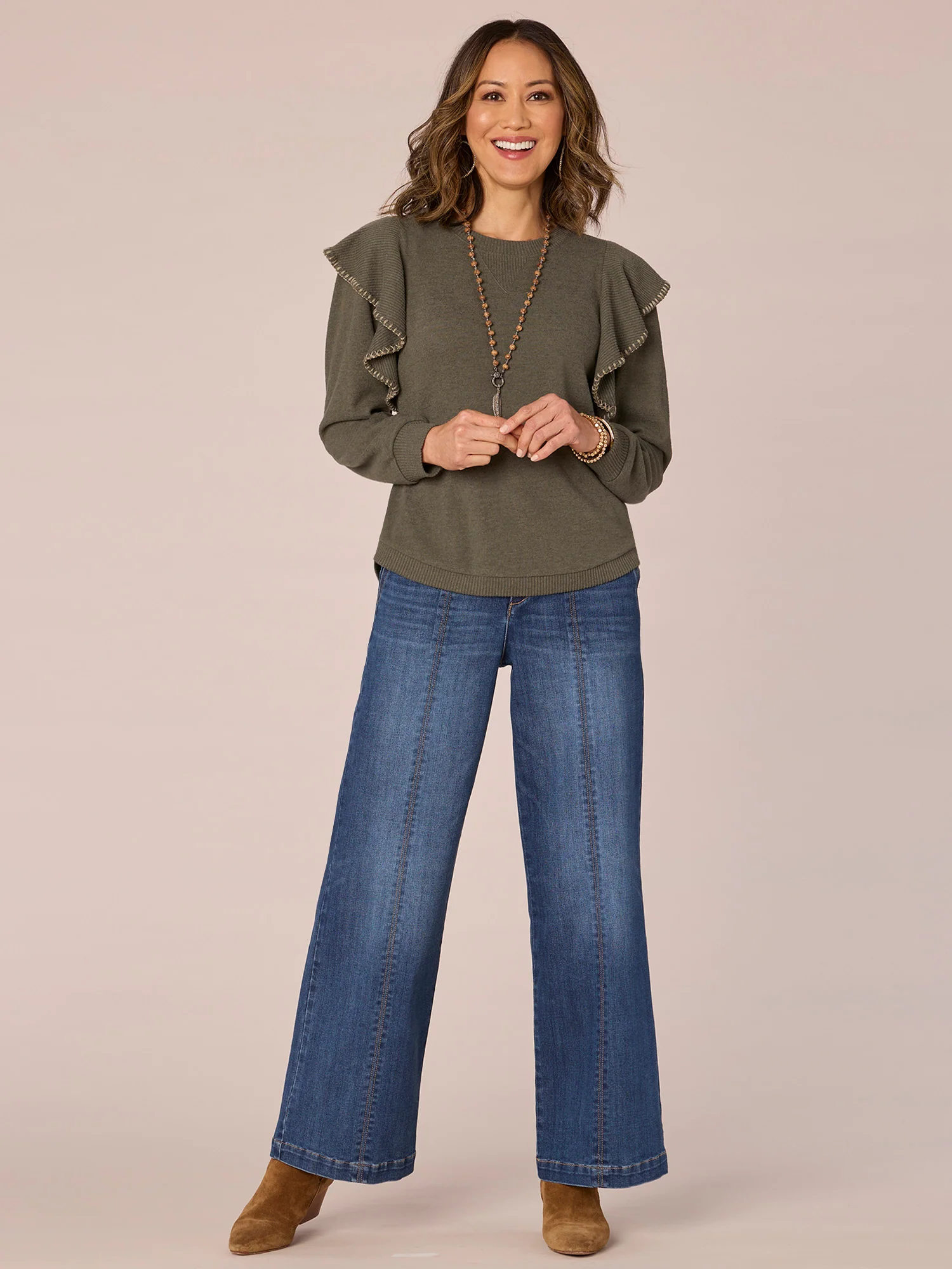 Long Banded Sleeve Scoop Neck V-Placket Embroidered Ruffle Knit Top - Legahigh