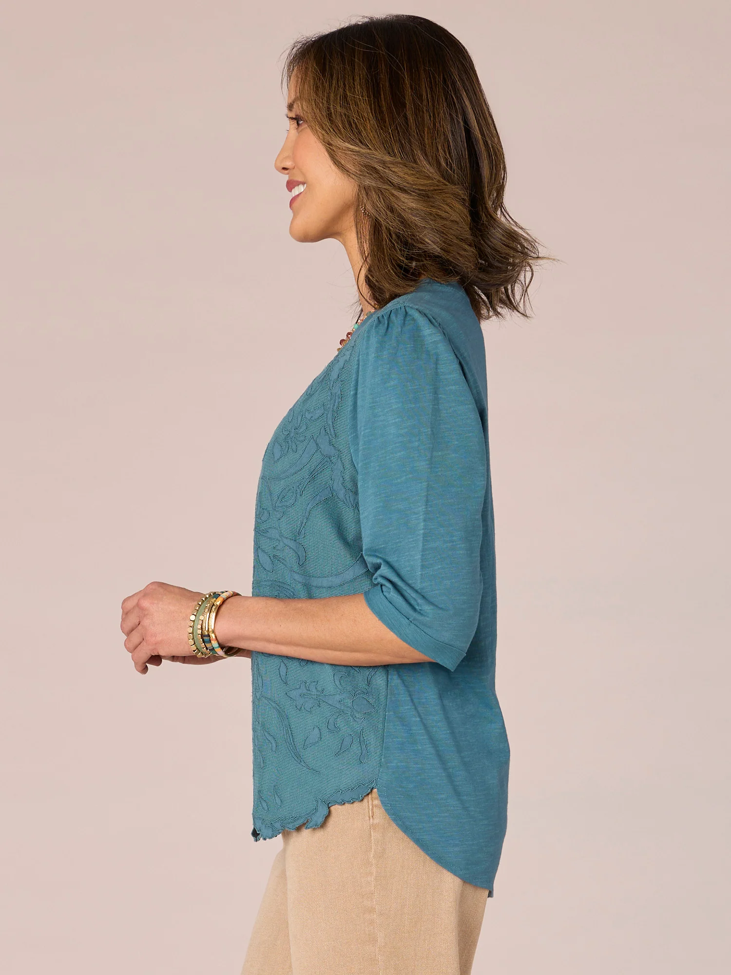 Elbow Puff Sleeve Round Neck Embroidered Die Cut Front Woven Top - Legahigh