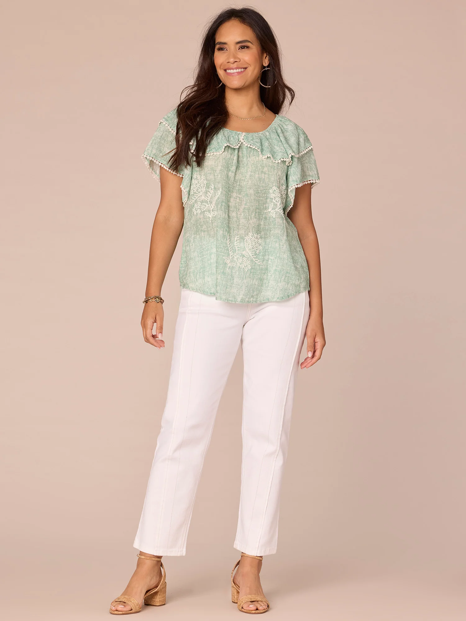 Double Layer Short Flounce Sleeve Round Neck Embroidered Woven Top - Legahigh