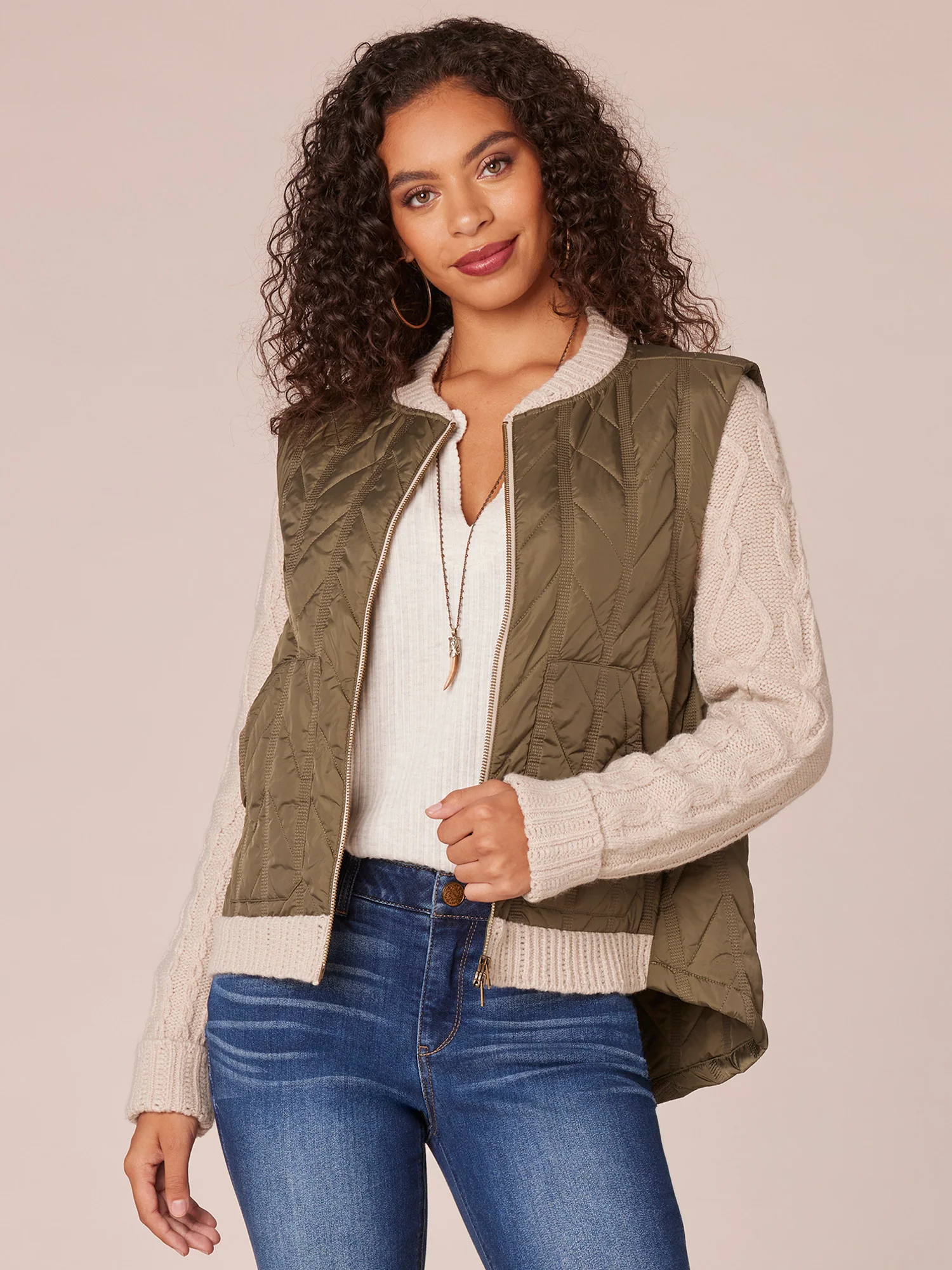 Long Sleeve Mock Neck Zip Front Quilted Vest Jacket with Patch Pockets - Legahigh