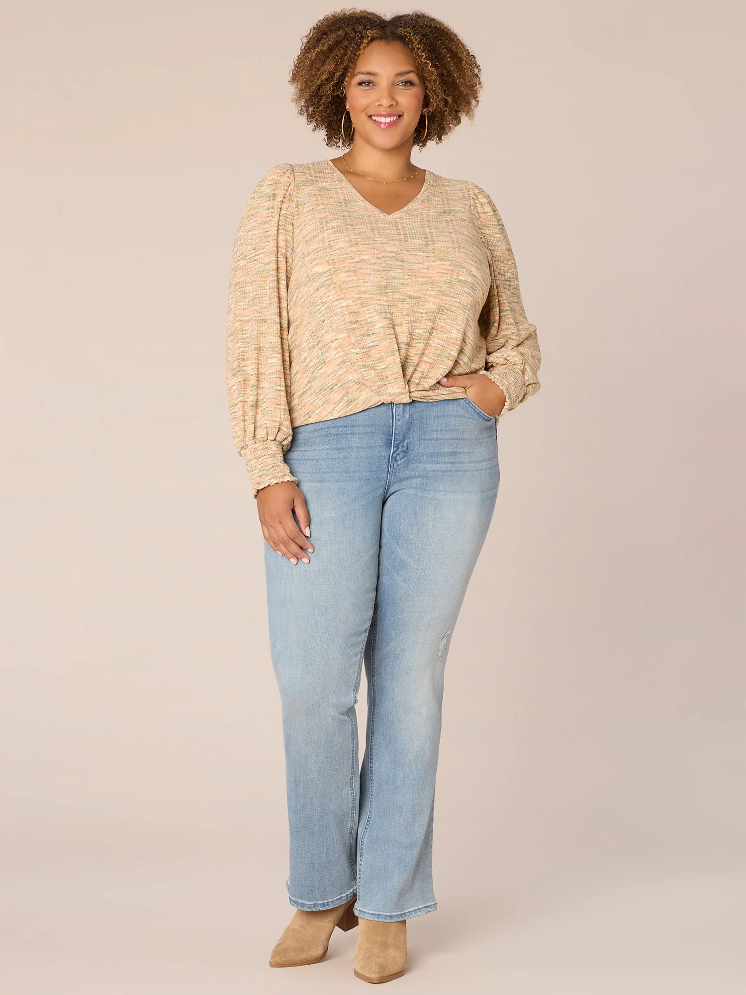 Long Blouson Sleeve V-Neck Twist Hem Space Dye Plus Size Knit Top - Legahigh