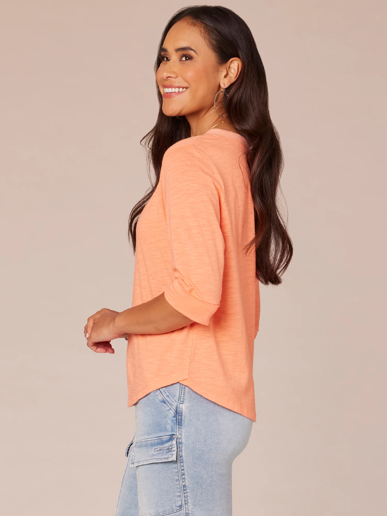Elbow Roll Cuff Sleeve Split V-Neck Surplus Hem Knit Top - Legahigh