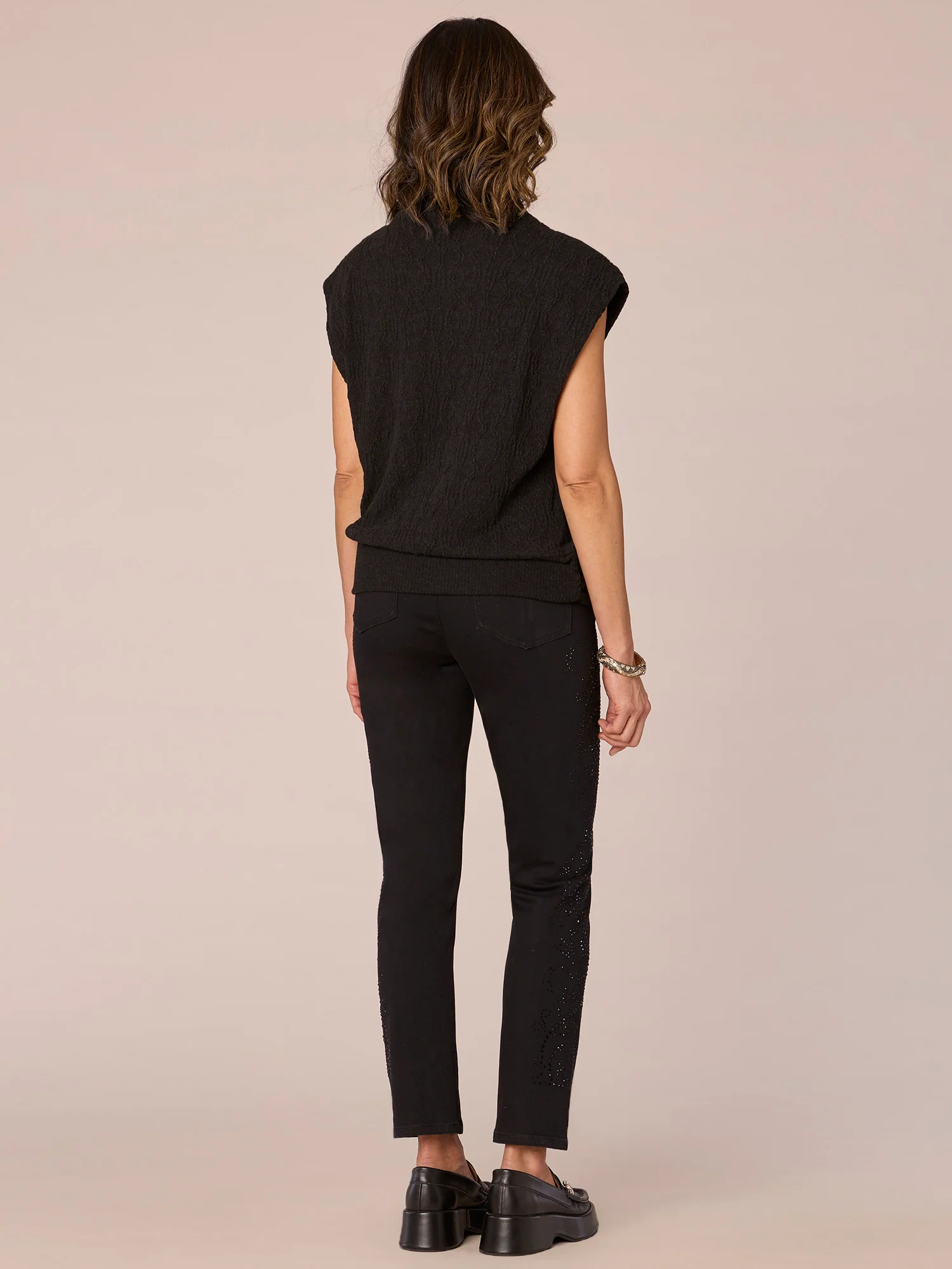 Extended Sleeve Mock Neck Banded Hem Mixed Media Knit Top - Legahigh