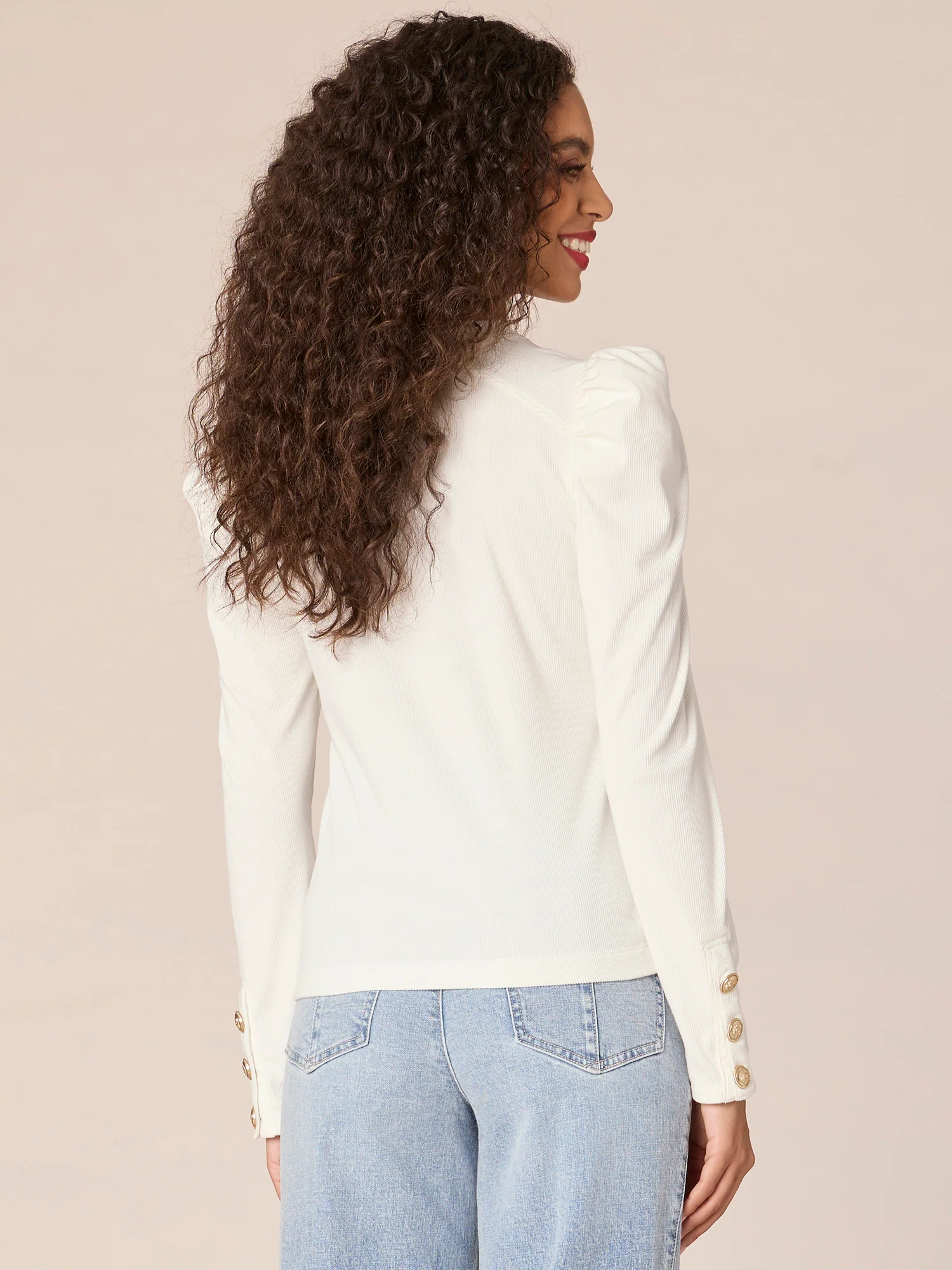 Long Sleeve Crew Neck Button Placket Knit Top with Chain Detail - Legahigh