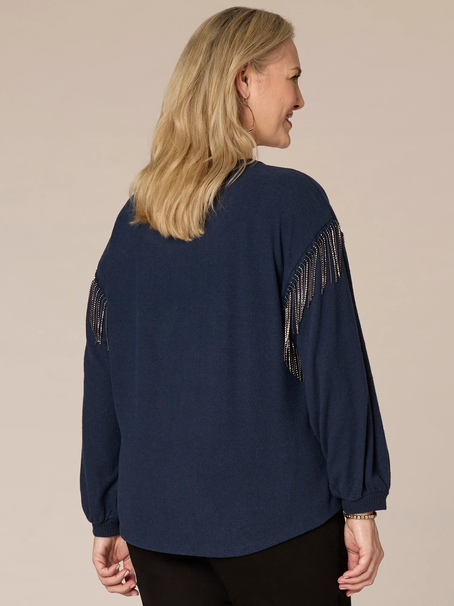 Long Sleeve Scoop Neck Plus Size Knit Top with Rhinestone Fringe - Legahigh