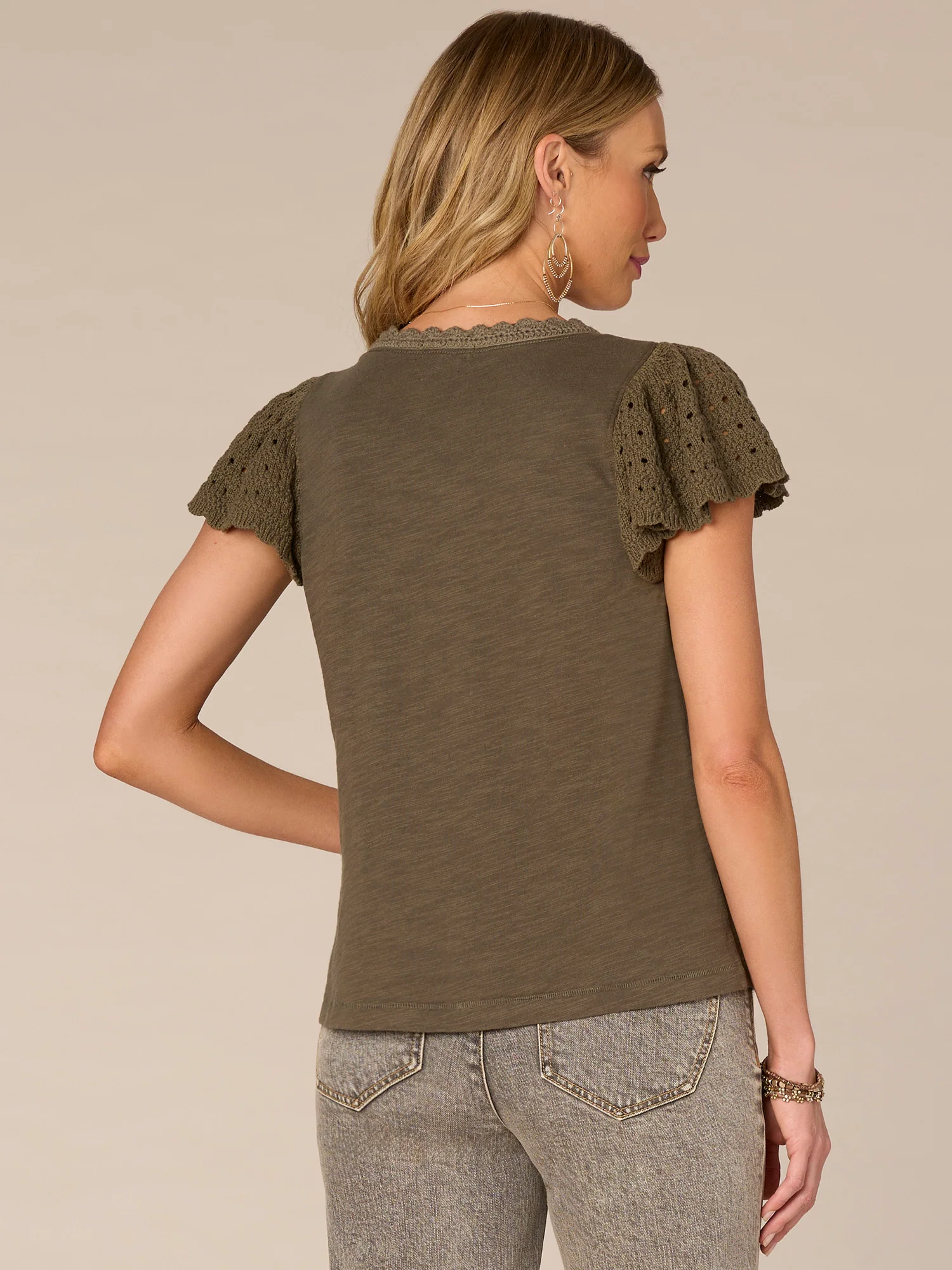 Short Crochet Flutter Sleeve Scoop Neck Knit Top - Legahigh