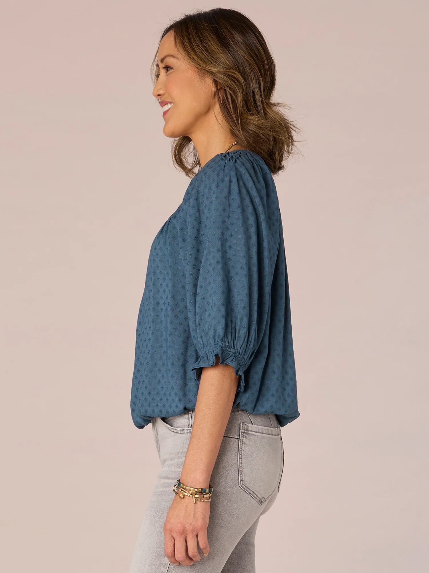 Elbow Ruffle Edge Sleeve Scoop Neck Bubble Hem Petite Woven Top - Legahigh