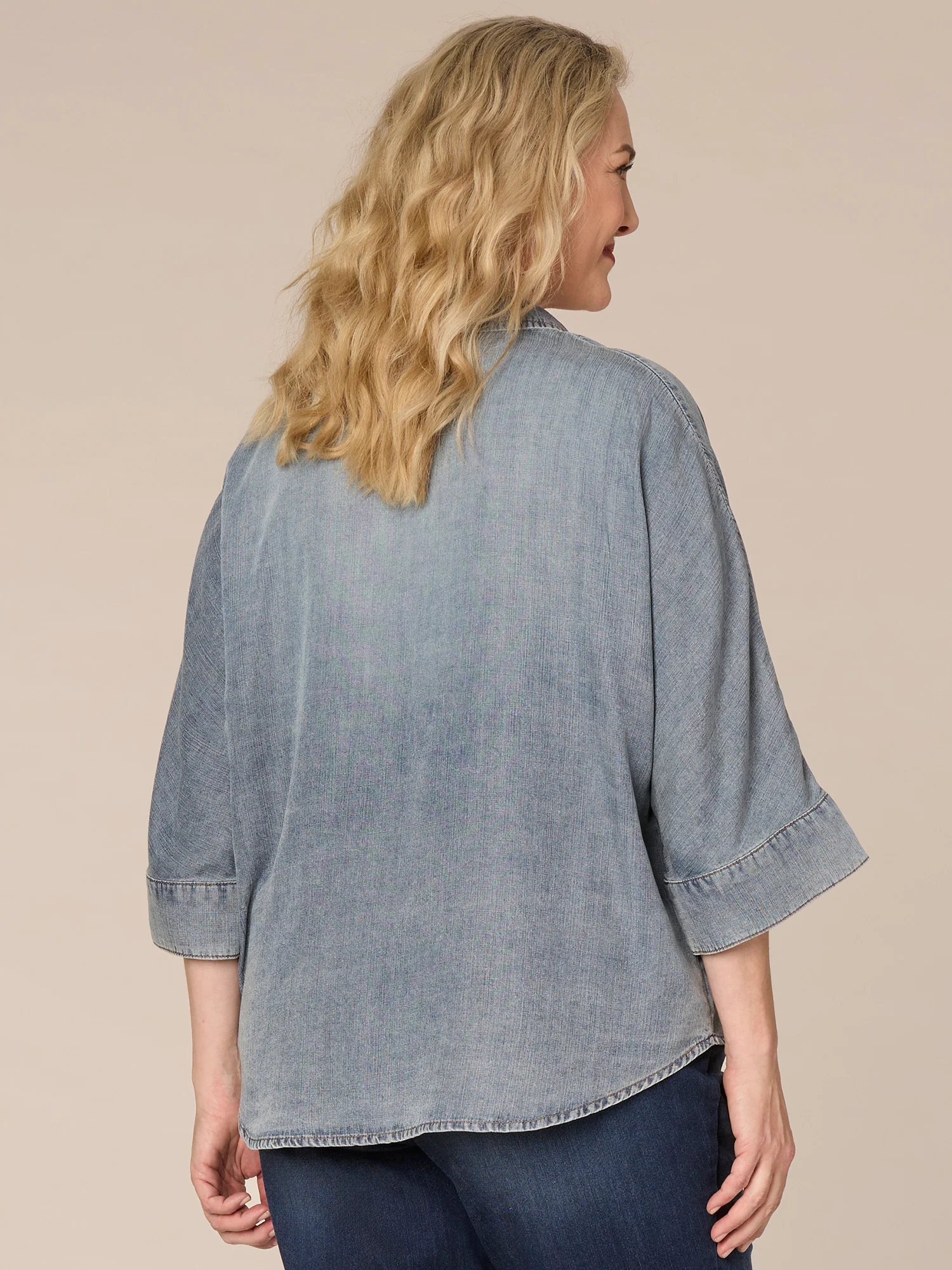 Three Quarter Sleeve Button Front Embellished Plus Size Knit Top - Legahigh