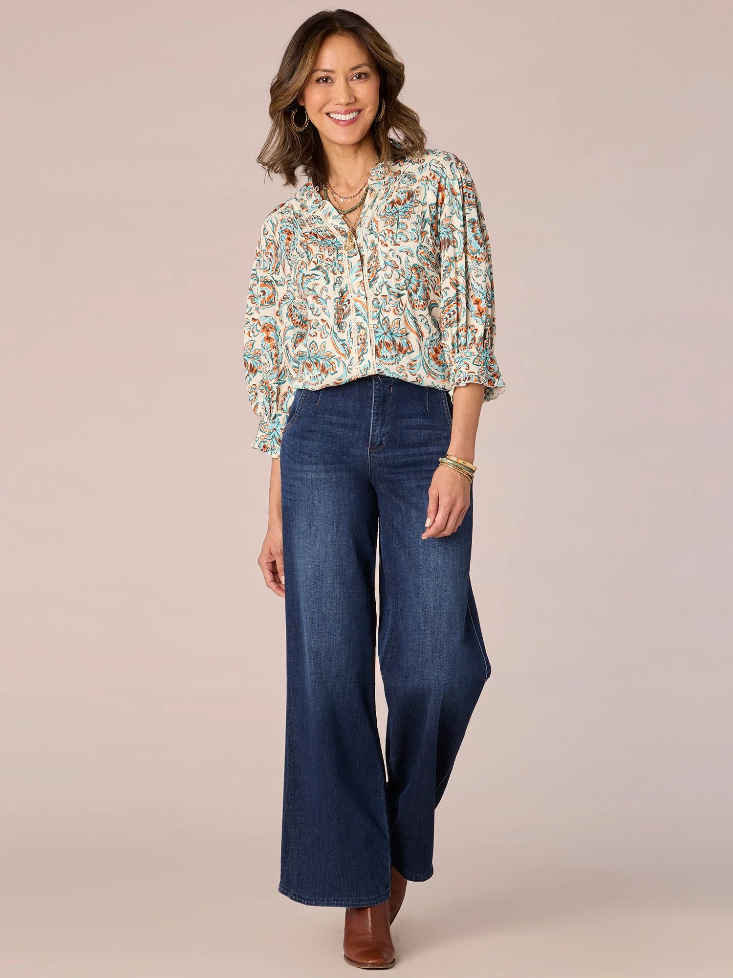 Elbow Sleeve Stand Collar Pintuck Button Front Printed Woven Shirt - Legahigh