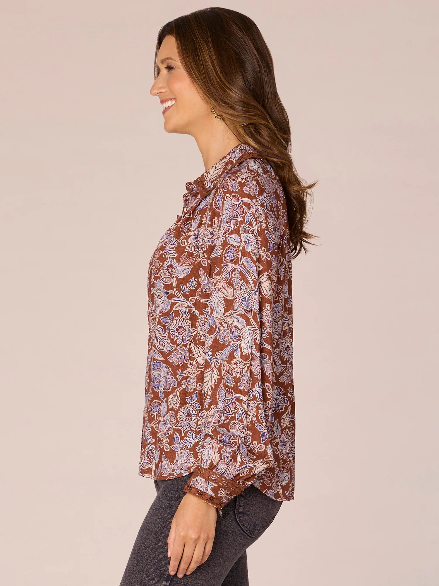 Long Sleeve Crochet Inset Placket Floral Print Woven Shirt - Legahigh