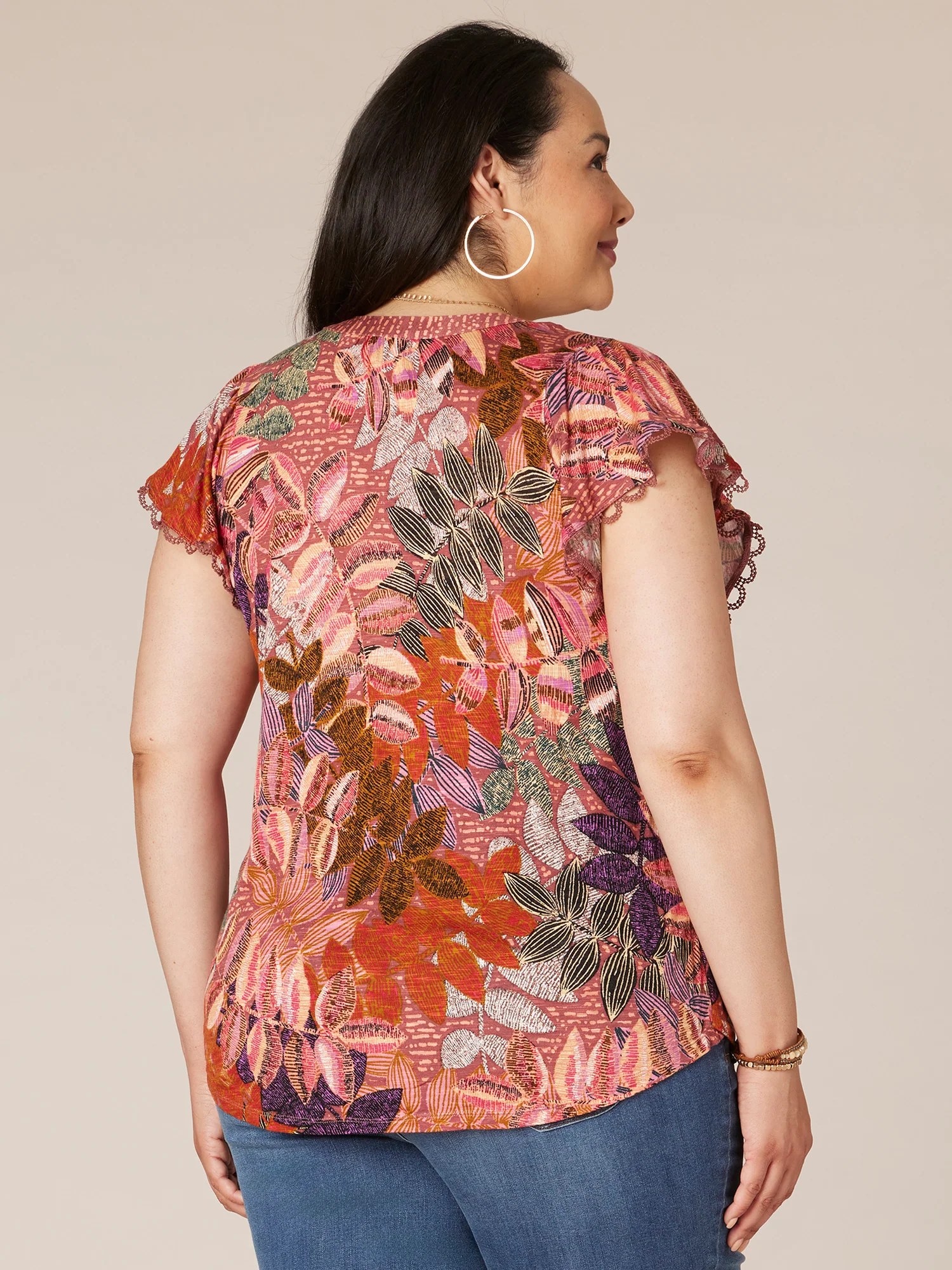 Short Flutter Sleeve Half Placket Plus Knit Top - Legahigh