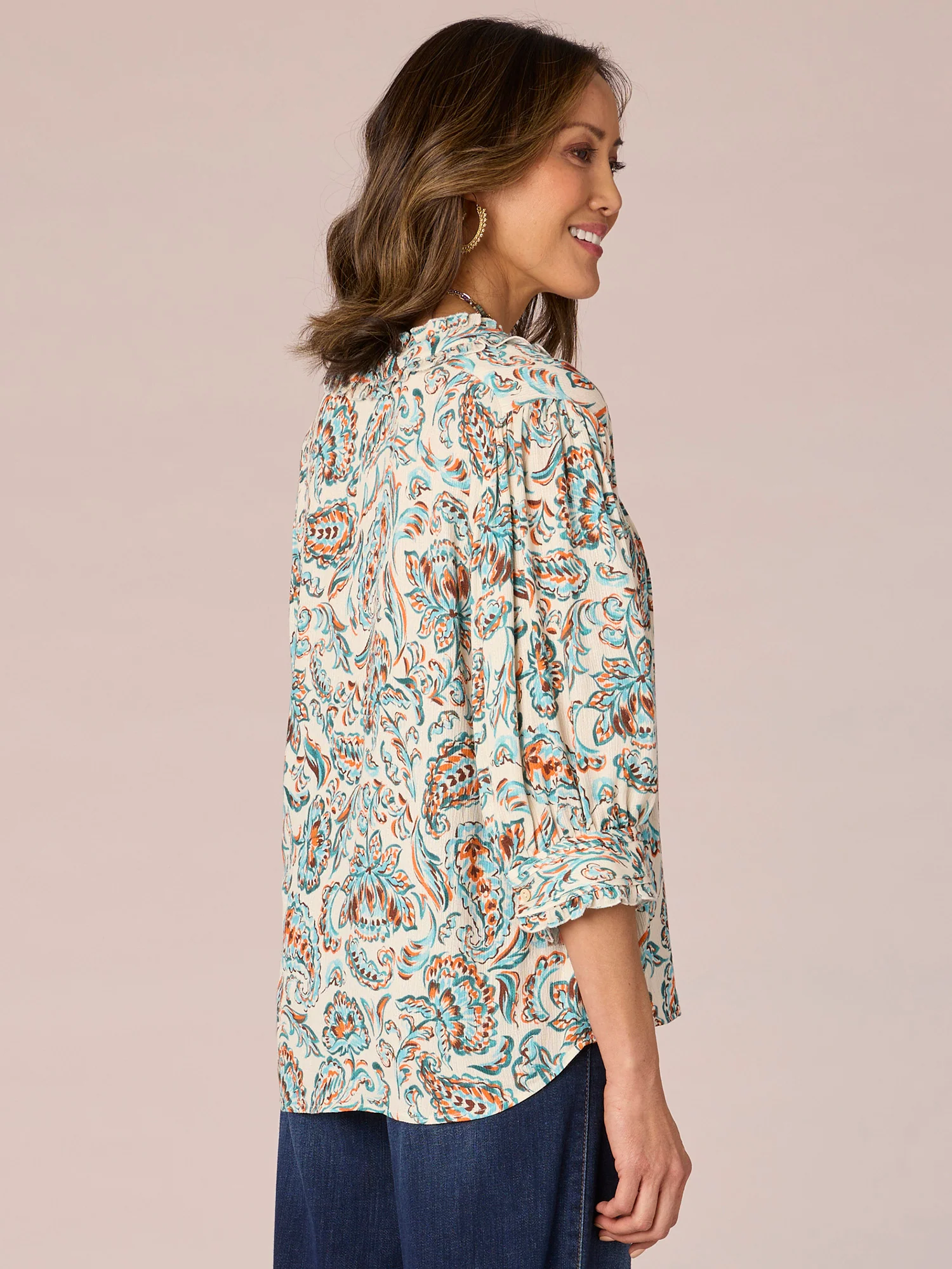 Elbow Sleeve Stand Collar Pintuck Button Front Printed Woven Shirt - Legahigh