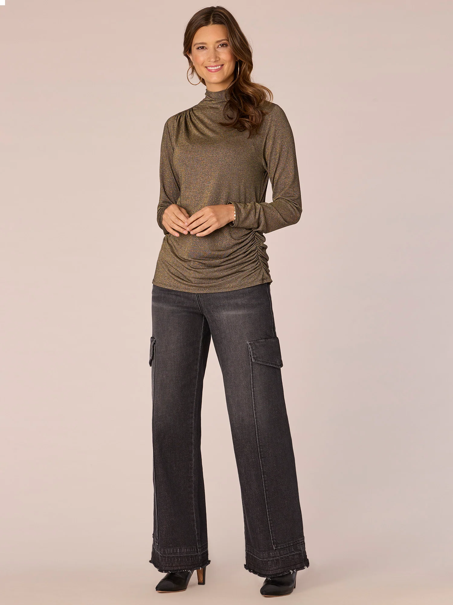 Long Sleeve Mock Neck Asymmetrical Ruching Detail Knit Top - Legahigh