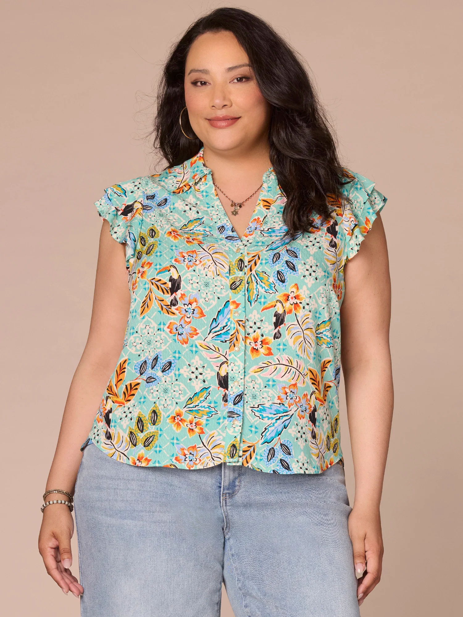 Double Flutter Sleeve Collared V-Neck Leaf Print Plus Size Woven Top - Legahigh