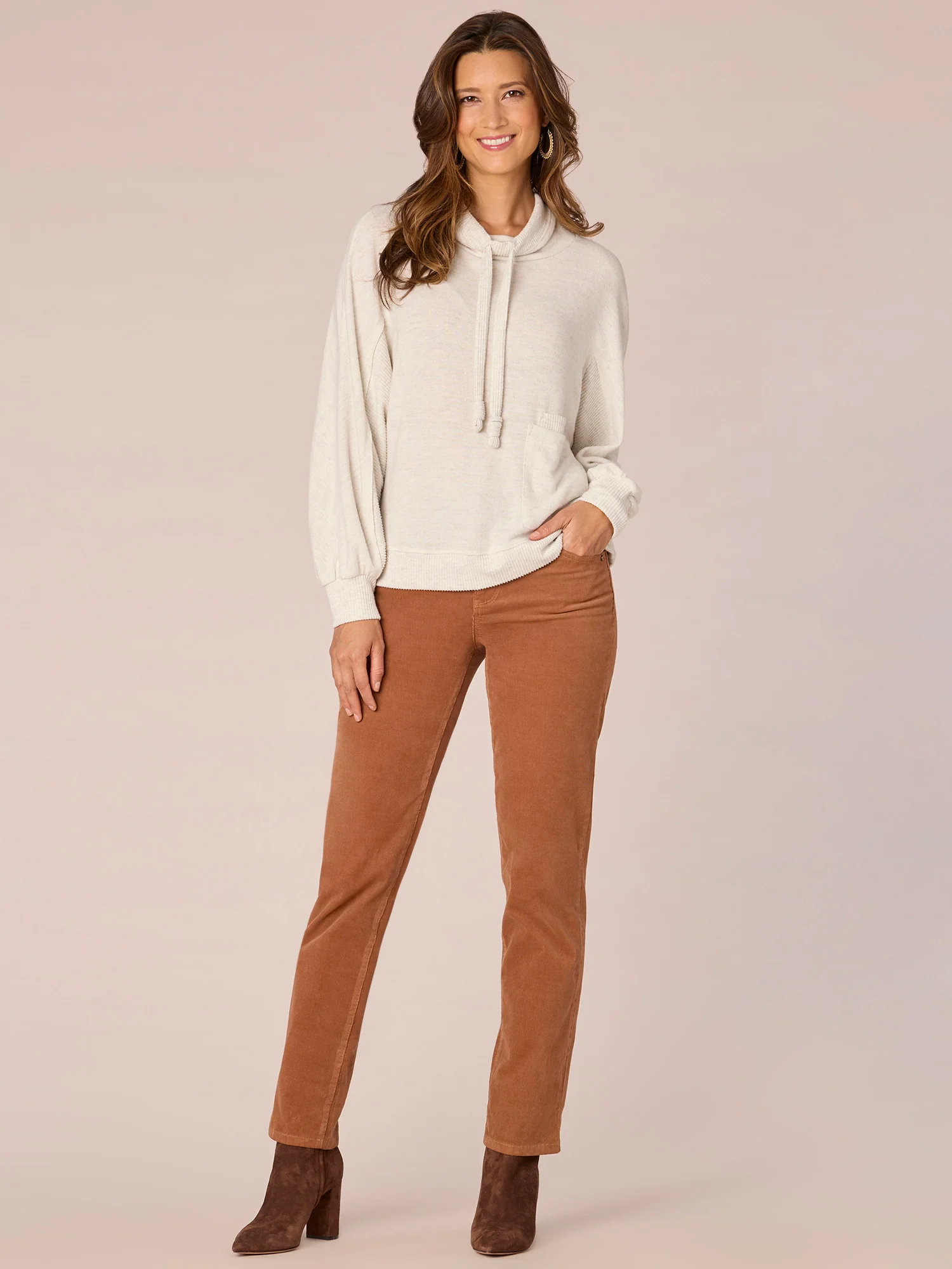Long Blouson Sleeve Funnel Neck Double Pocket Knit Top with Ties - Legahigh