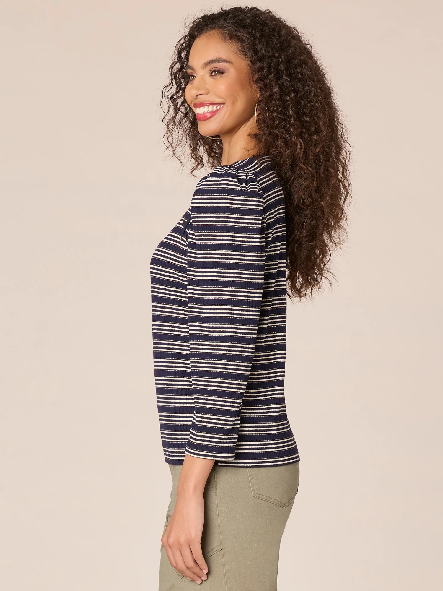 Three Quarter Sleeve Scoop Neck Stripe Knit Top with Lace Up Yoke - Legahigh