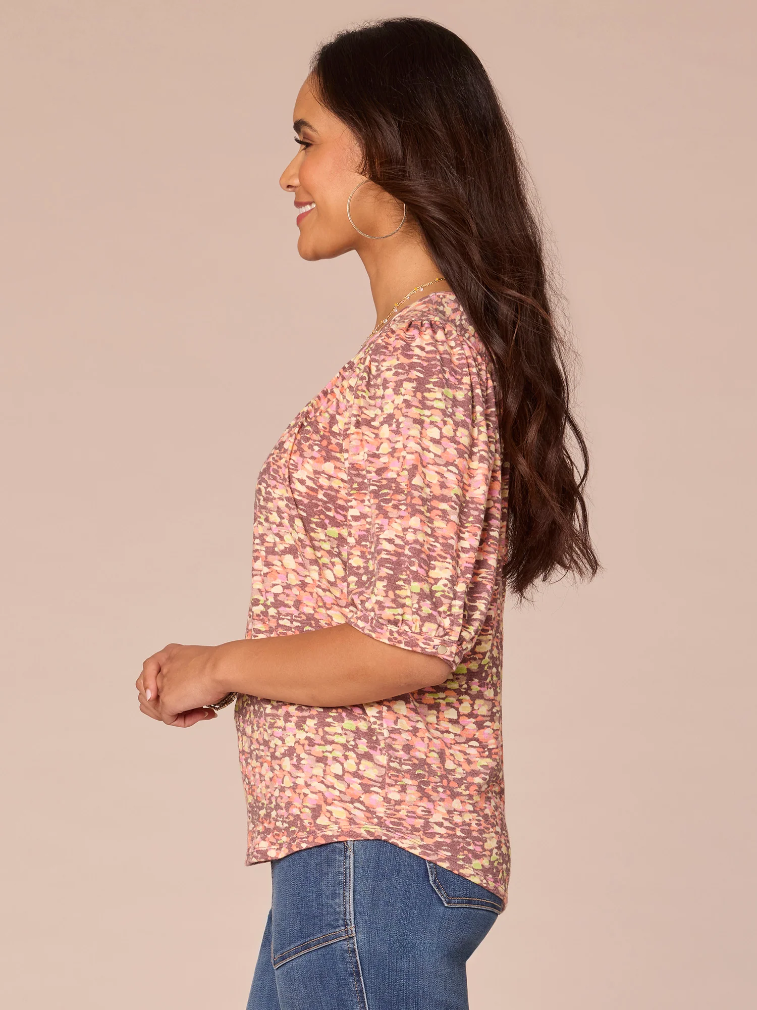 Elbow Puff Blouson Sleeve Ruched Crew Neck Printed Petite Knit Top - Legahigh