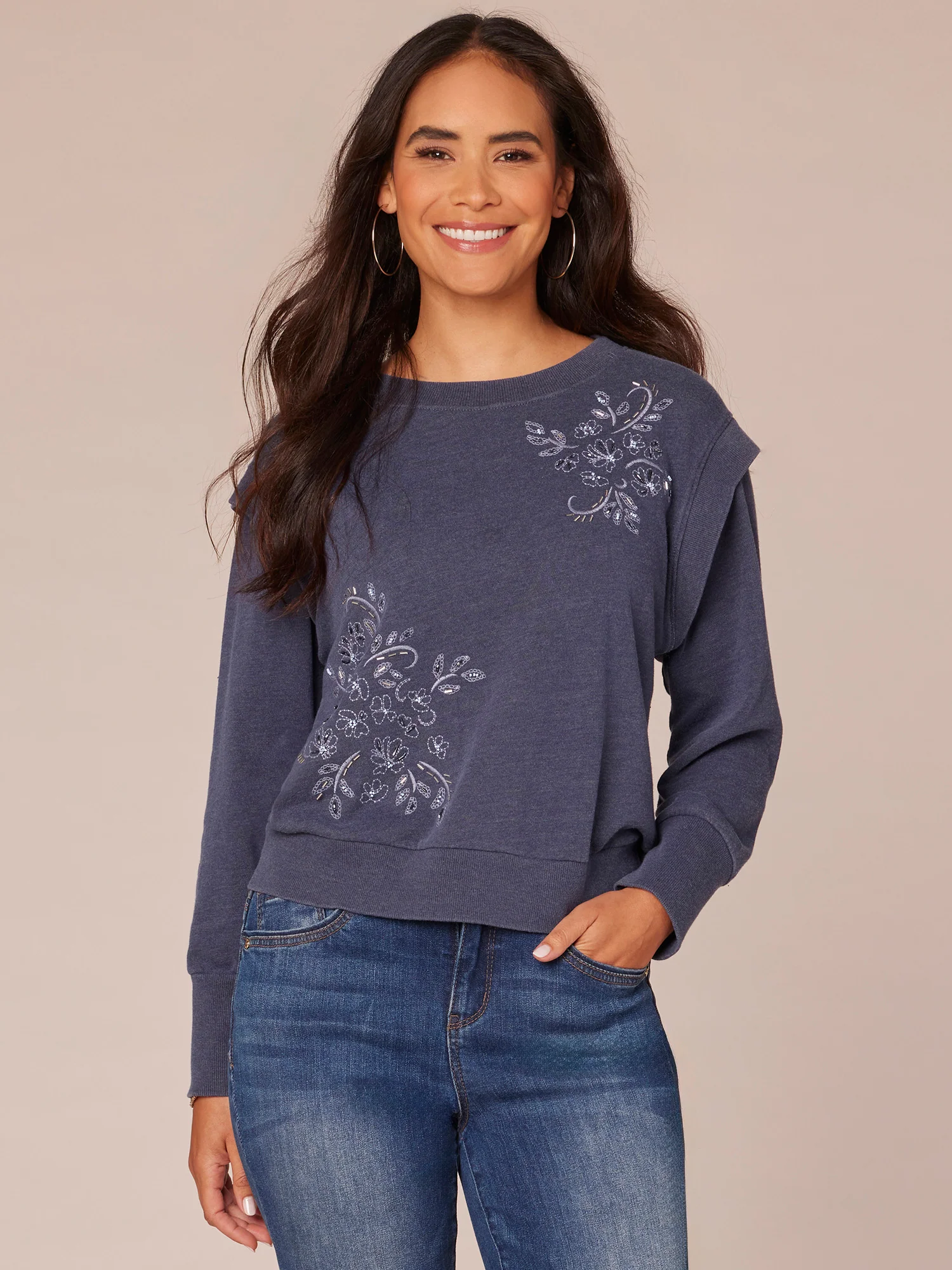 Long Blouson Sleeve Flange Shoulder Scoop Neck Embroidered Knit Top - Legahigh