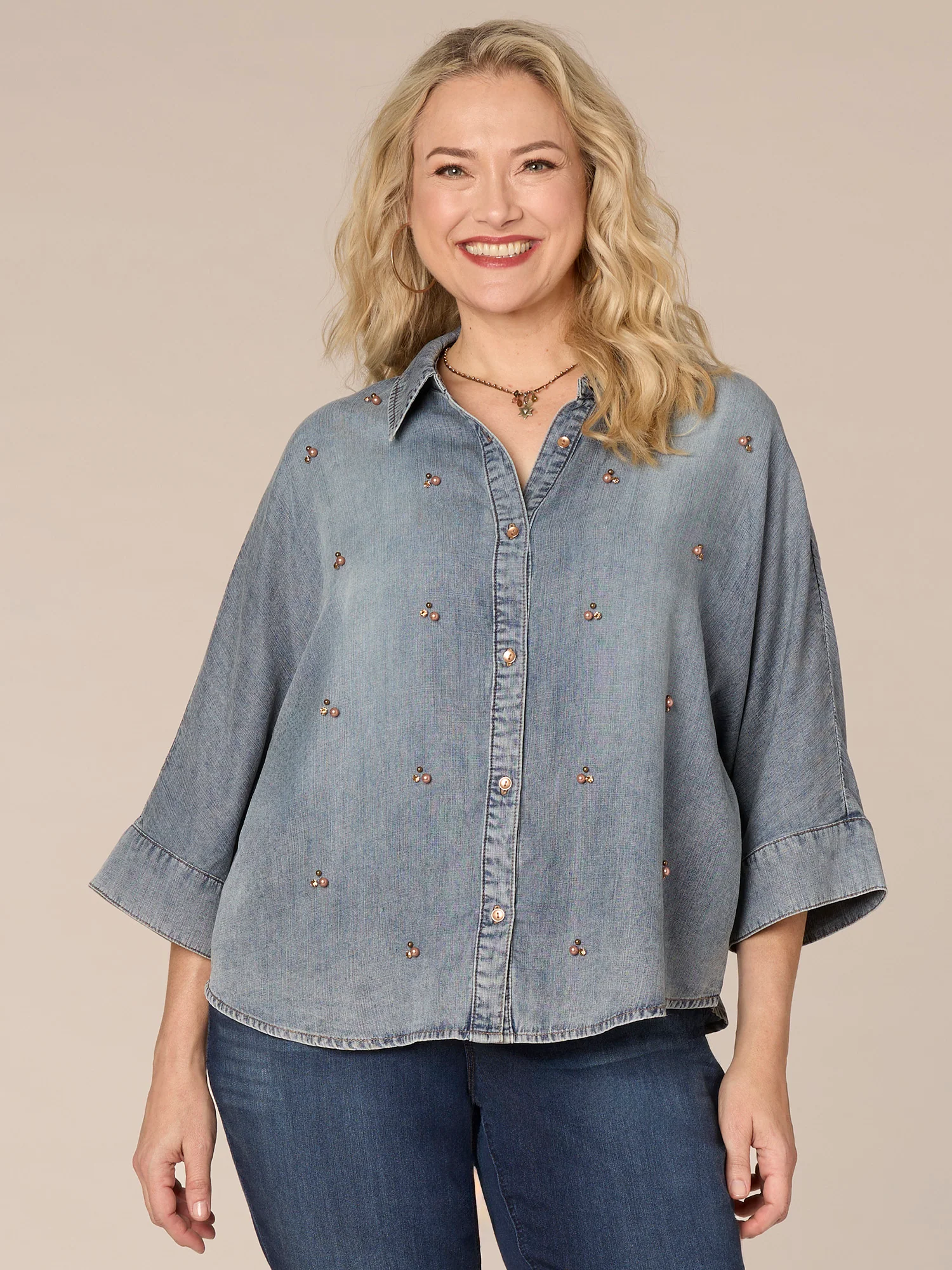 Three Quarter Sleeve Button Front Embellished Plus Size Knit Top - Legahigh