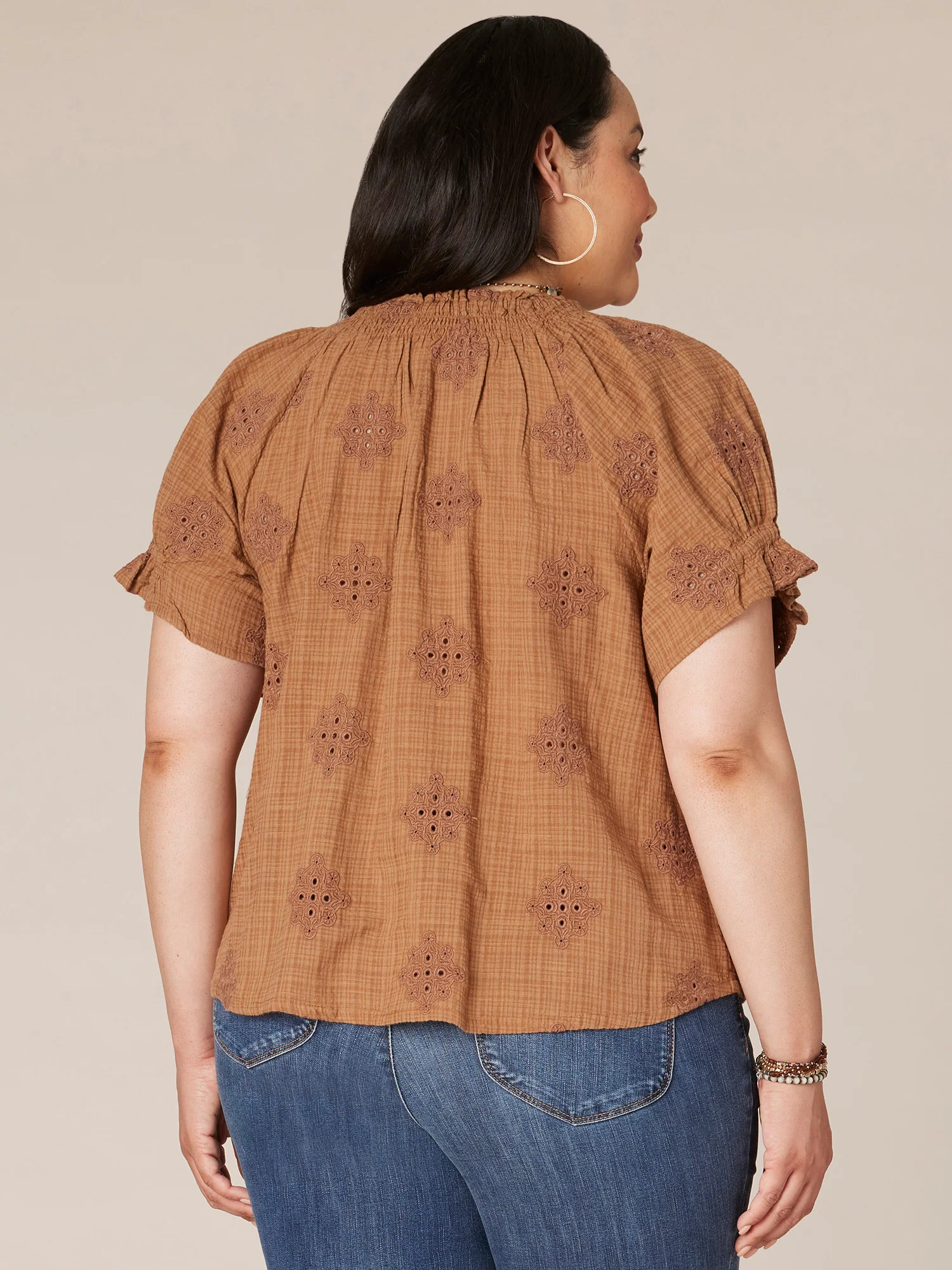 Short Sleeve Round Smock Neck Embroidered Plus Woven Top - Legahigh