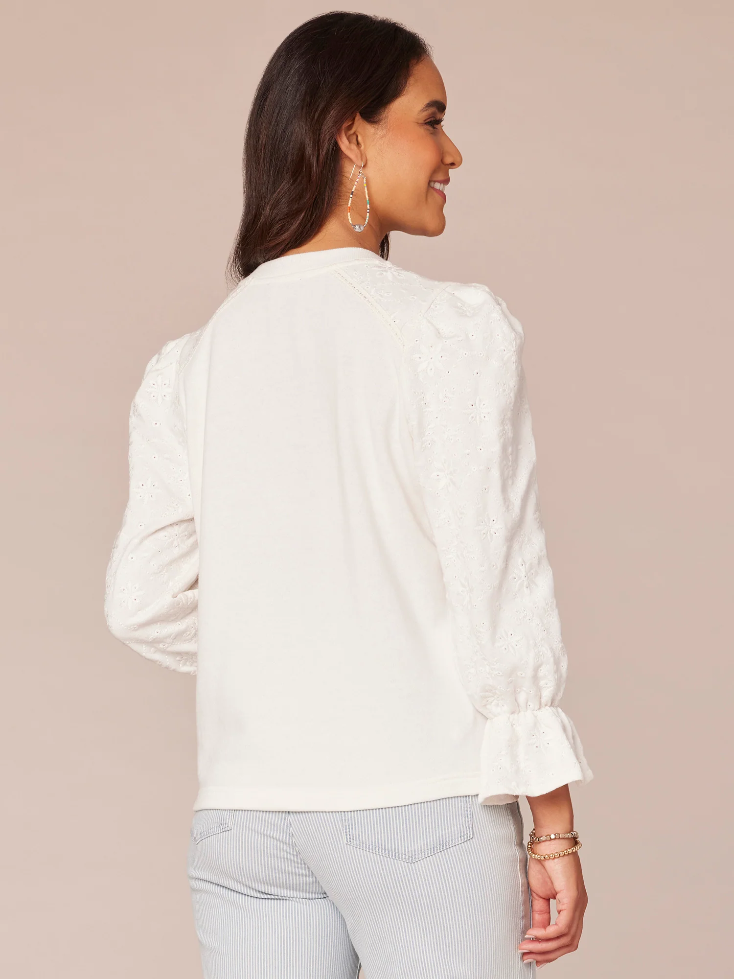 Flounce Sleeve Scoop Neck Die Cut Embroidered Petite Knit Sweatshirt - Legahigh