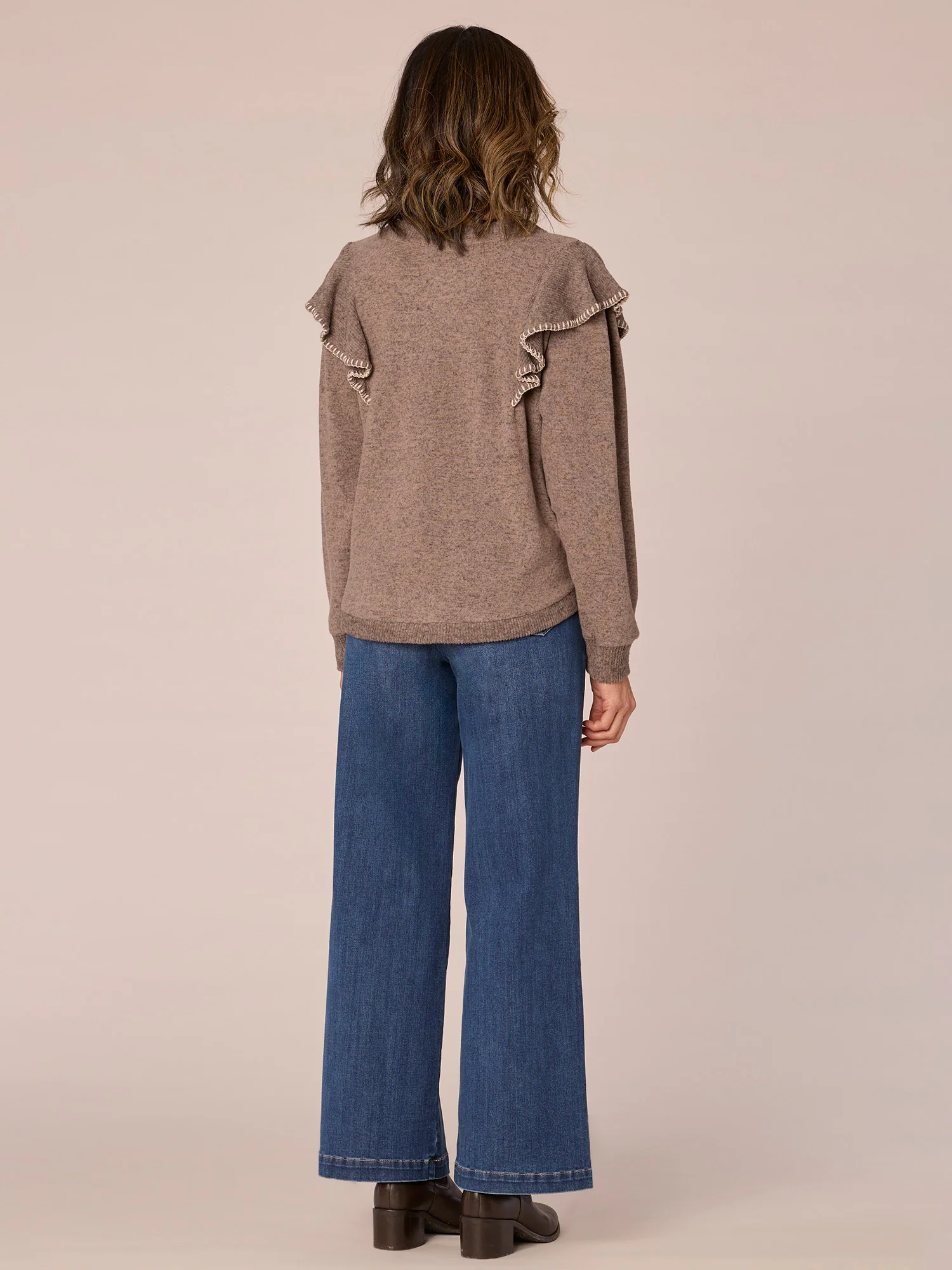 Long Banded Sleeve Scoop Neck V-Placket Embroidered Ruffle Knit Top - Legahigh