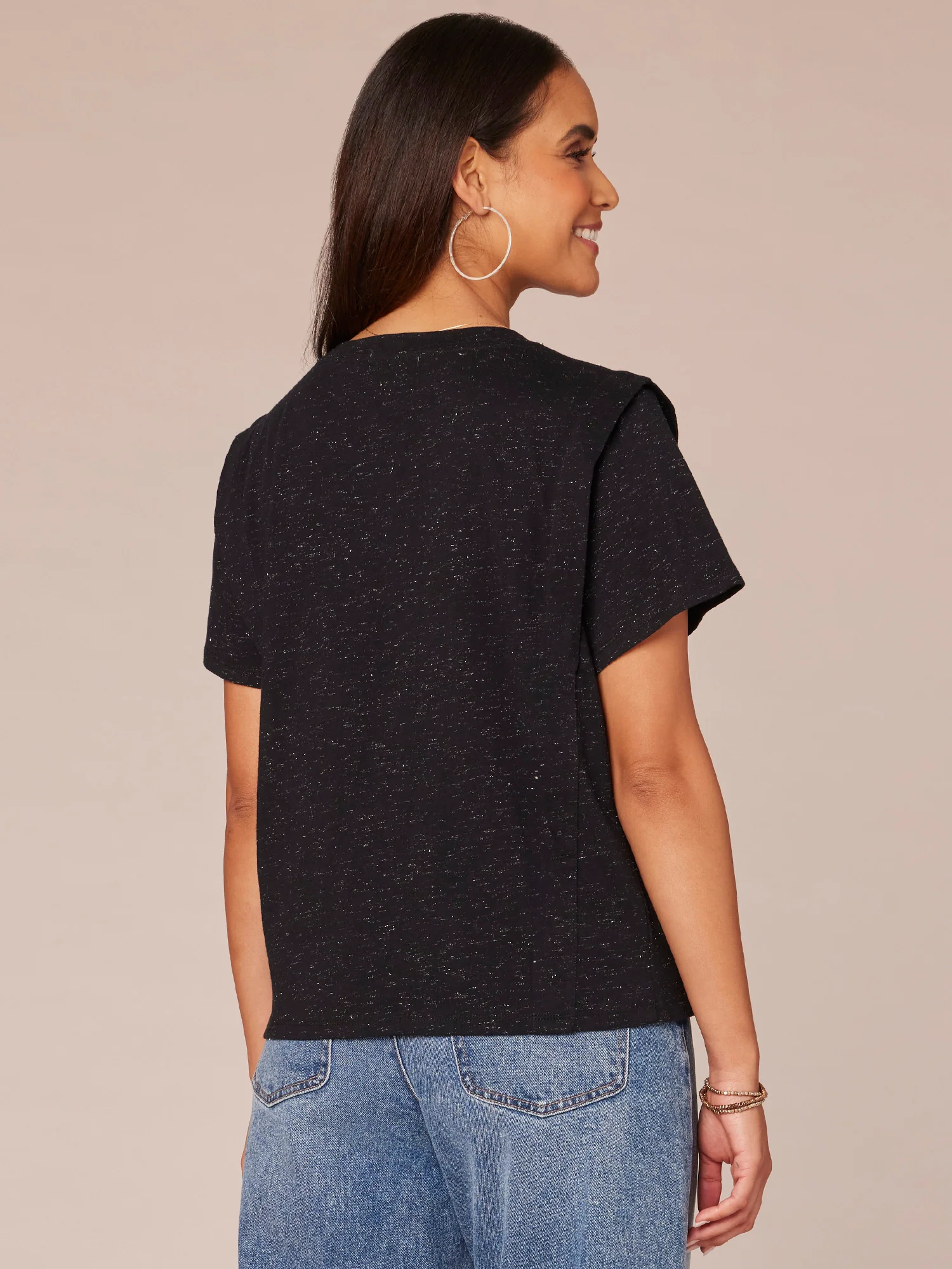 Short Flange Shoulder Sleeve Scoop Neck Shimmery Knit Top - Legahigh