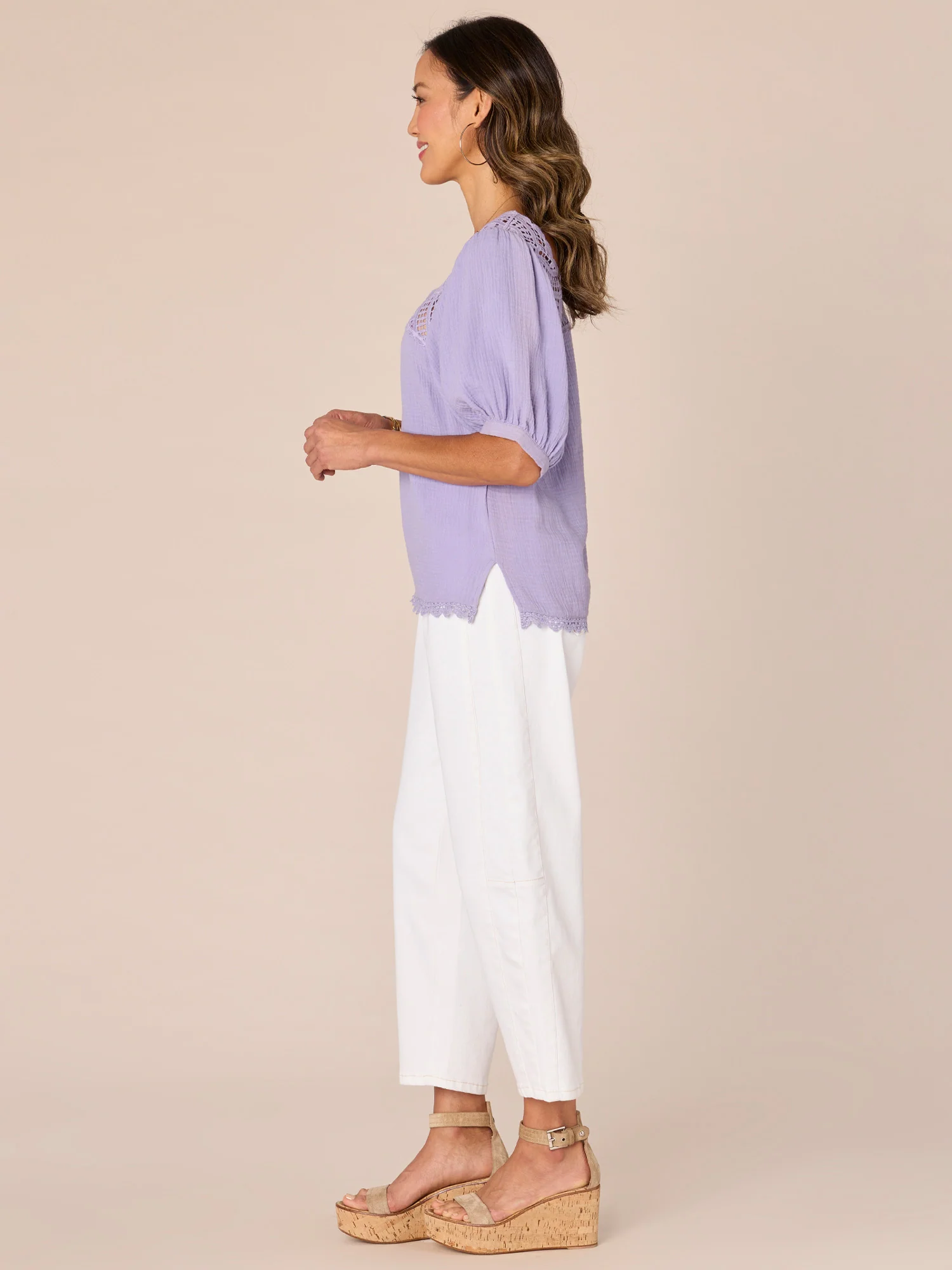 Above Elbow Bubble Sleeve Square Crochet Neck Woven Top - Legahigh