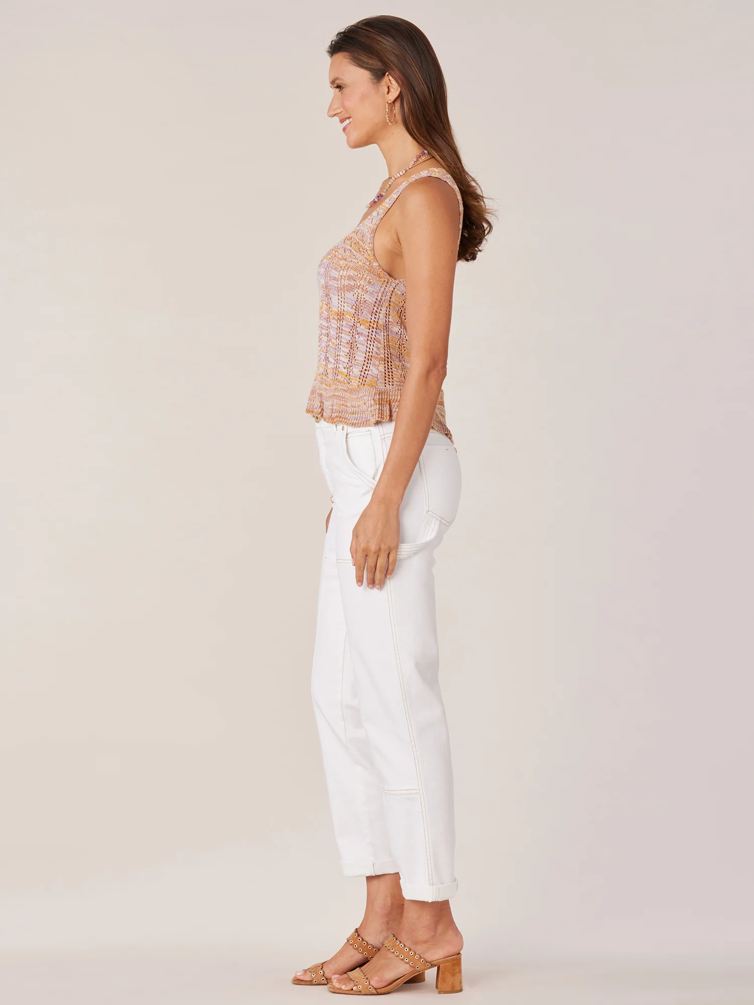 Sleeveless Deep Scoop Neck Pointelle Space Dye Flounce Hem Sweater - Legahigh