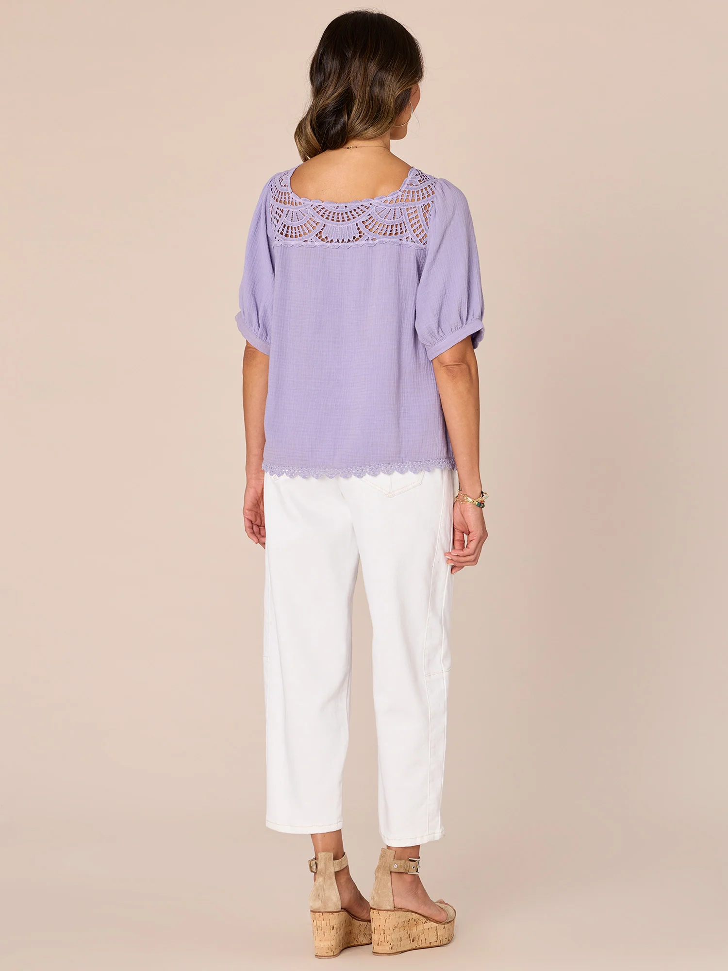 Above Elbow Bubble Sleeve Square Crochet Neck Woven Top - Legahigh