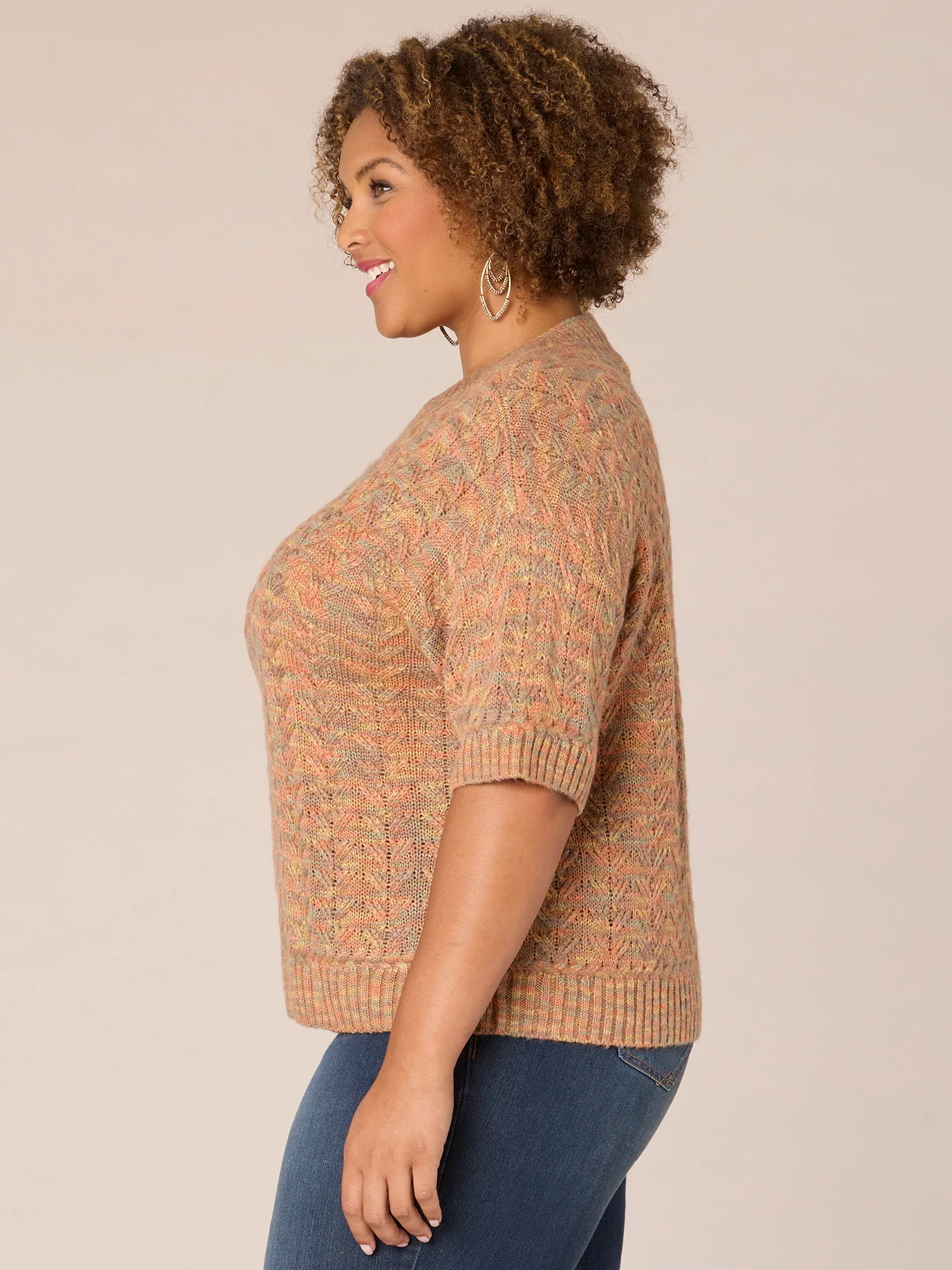 Elbow Length Dolman Sleeve Round Neck Space Dye Plus Size Sweater - Legahigh