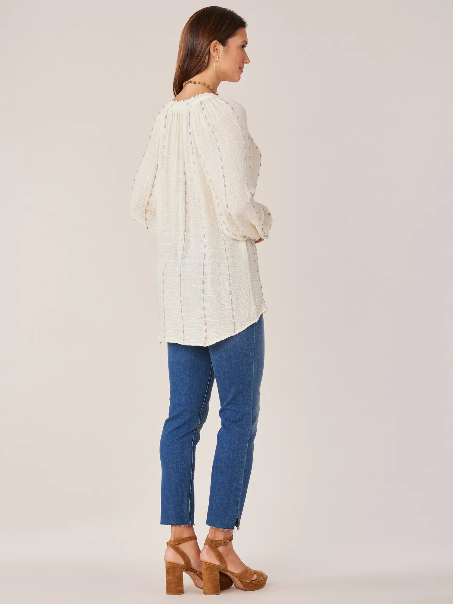 Petite Long Blouson Sleeve V-Neck Crochet Woven Top with Braided Ties - Legahigh